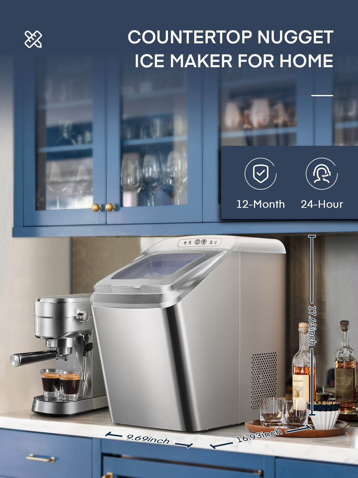 Nugget Ice Maker Countertop, 30Lb Pebble Pellet Ice per Day, Auto-Cleaning, Stainless Steel
