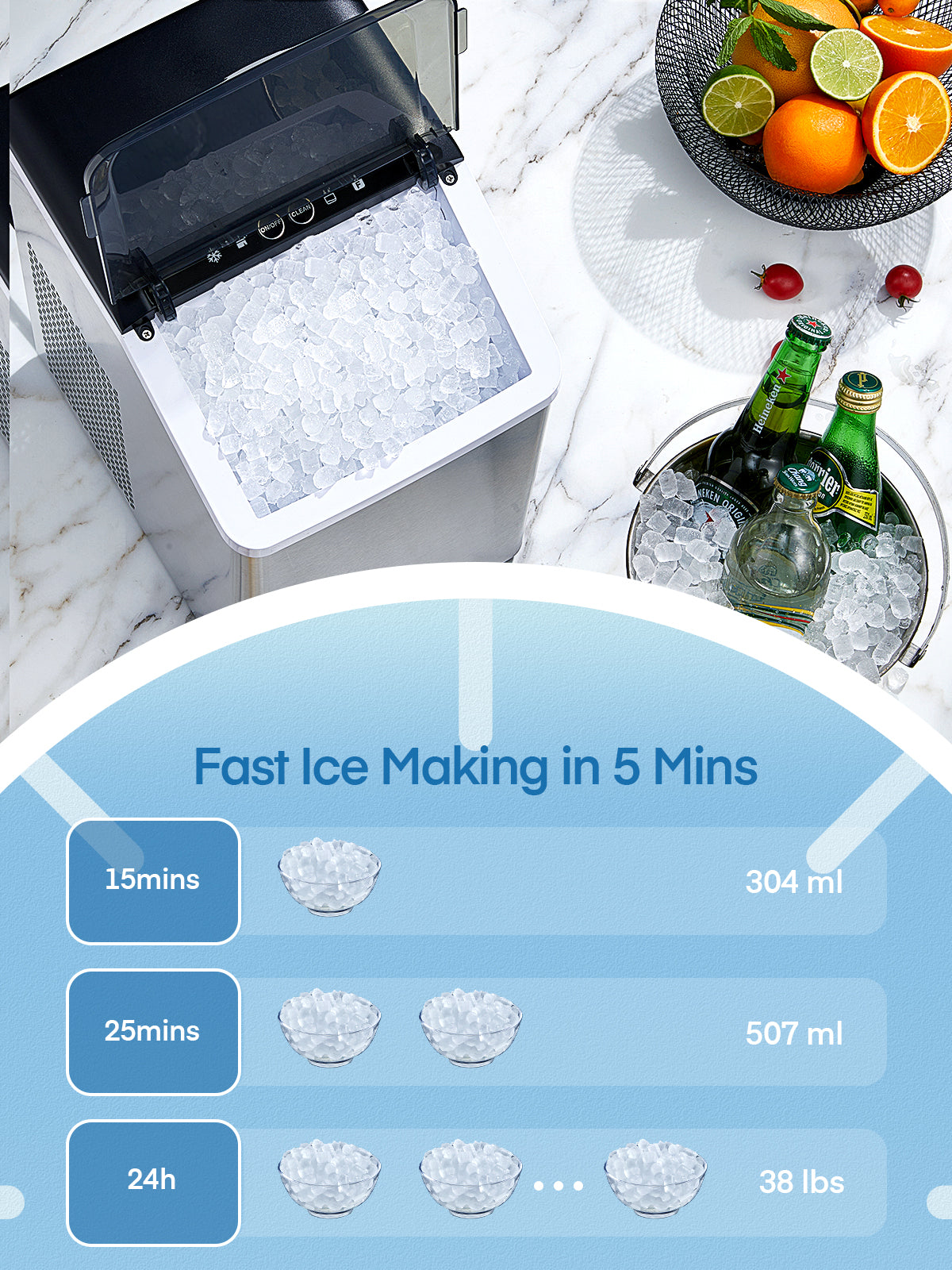 Nugget Ice Maker Countertop, 38 Lbs In 24Hrs, Chewable Pellet Ice Cubes, Self-Cleaning Ice Machine, Stainless Steel Housing, Portable Ice Maker Machine With Ice Scoop And Basket For Home/Kitchen/Party
