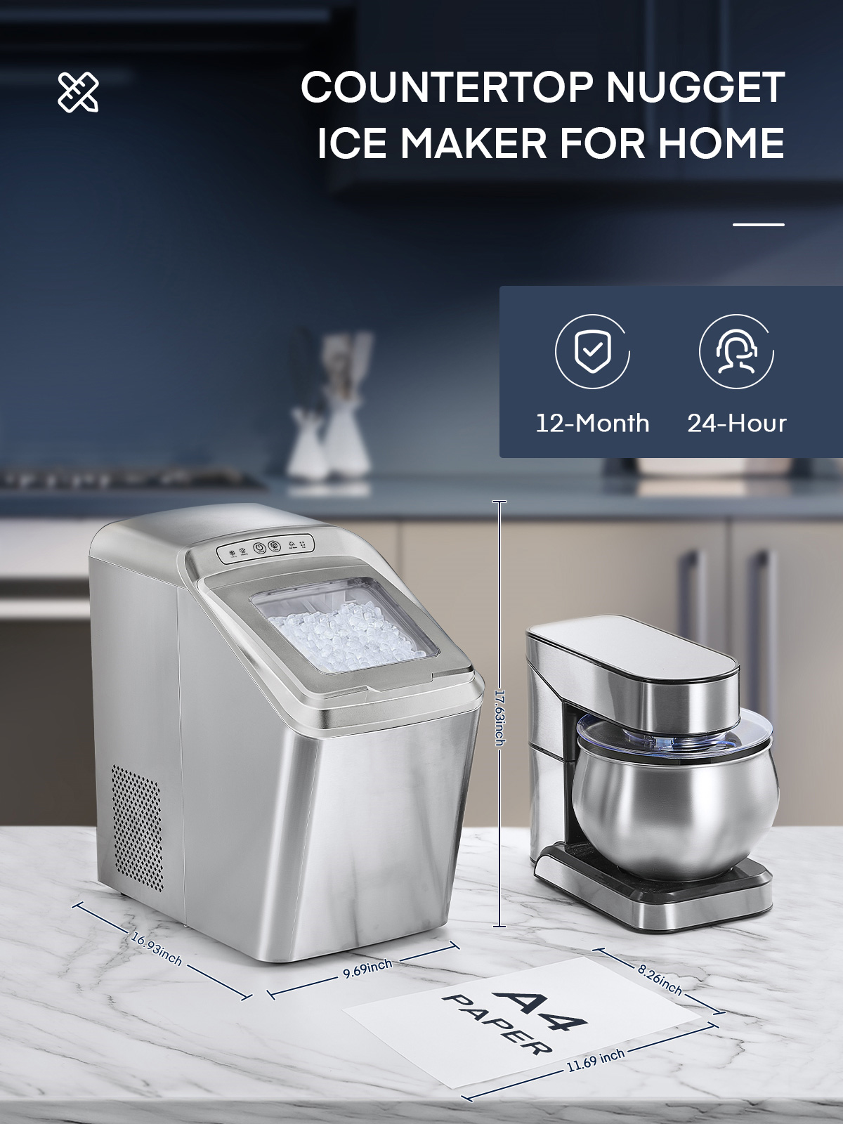 Nugget Ice Maker Countertop, 30Lb Pebble Pellet Ice per Day, Auto-Cleaning, Stainless Steel