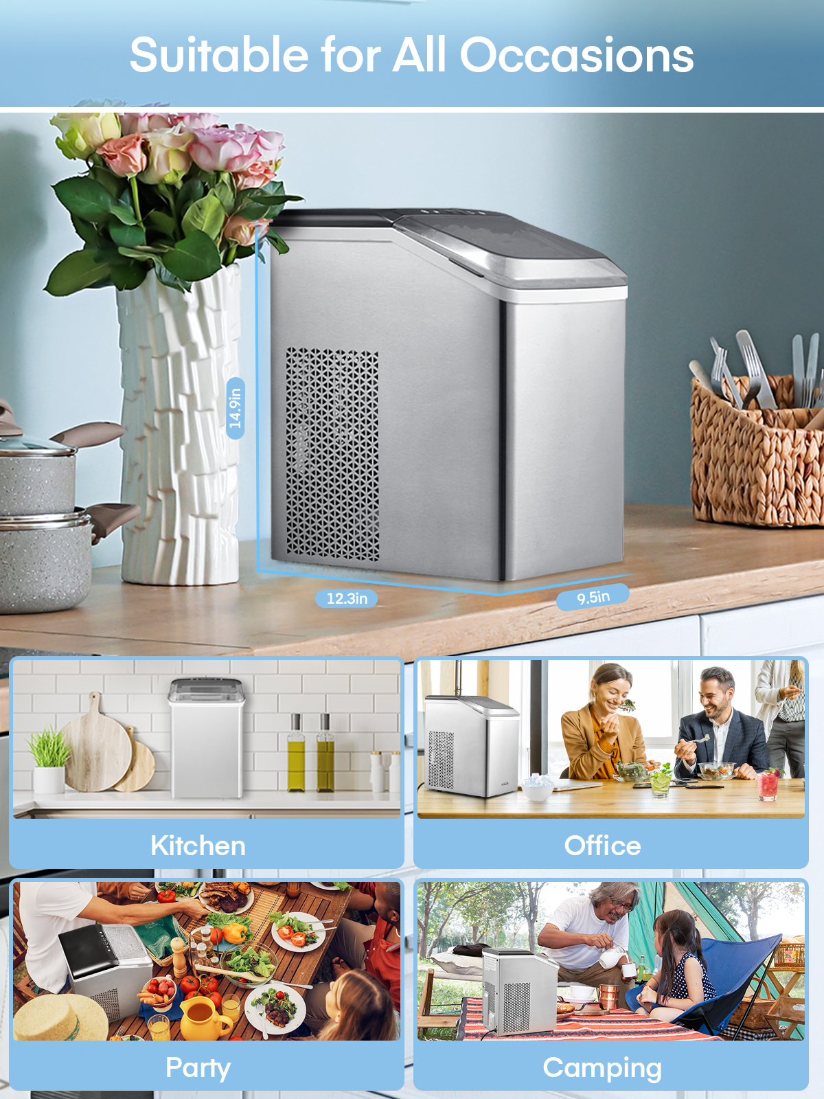 Nugget Ice Maker Countertop, 38 Lbs In 24Hrs, Chewable Pellet Ice Cubes, Self-Cleaning Ice Machine, Stainless Steel Housing, Portable Ice Maker Machine With Ice Scoop And Basket For Home/Kitchen/Party