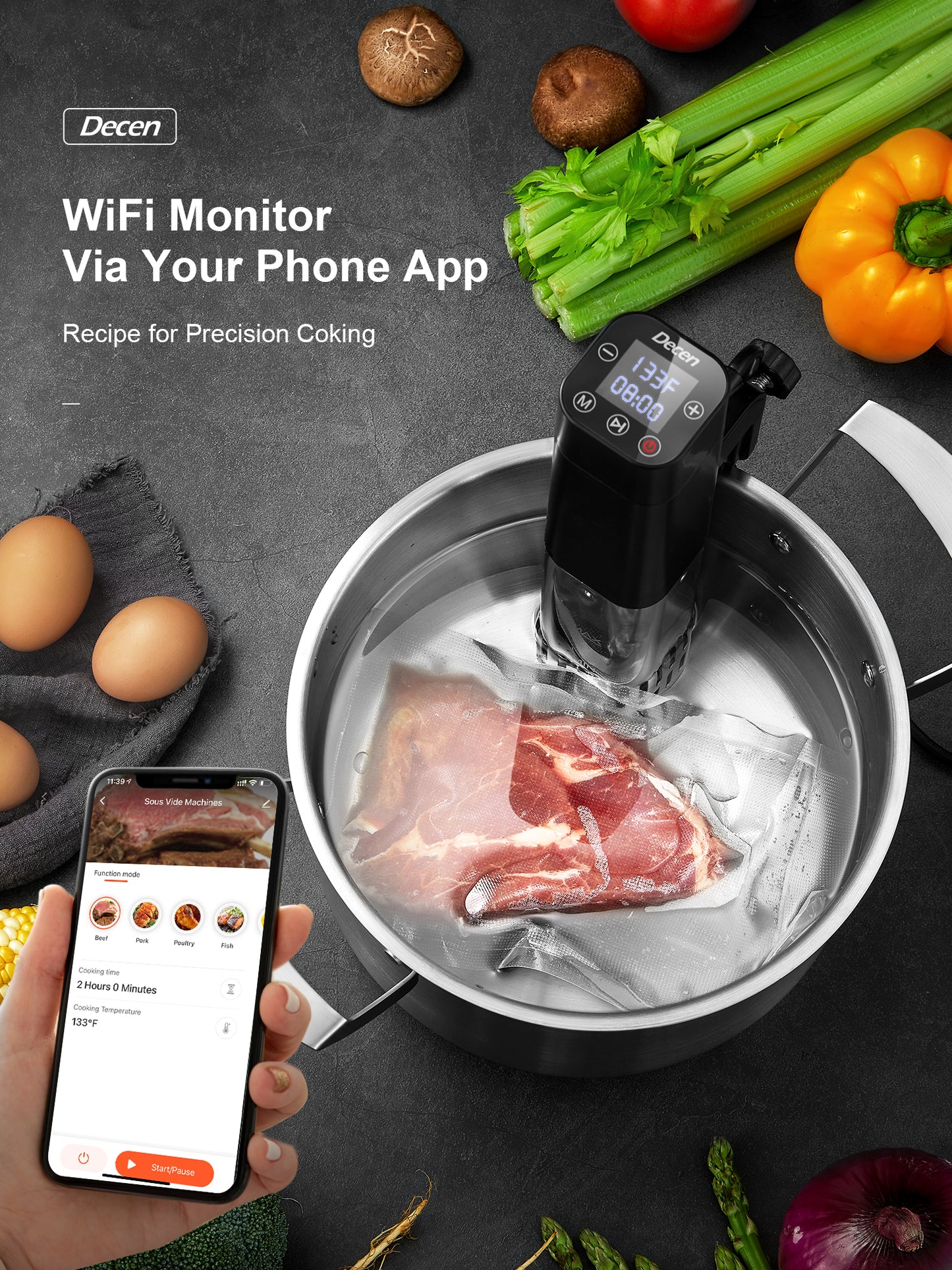 Decen | Sous Vide Cooker Precision Cooker, WiFi Immersion Circulator IPX7 Waterproof Sous Vide Machine with Temperature Control, Timer, Digital Touchscreen Display, Recipe for Kitchen, Smart APP, 800 W