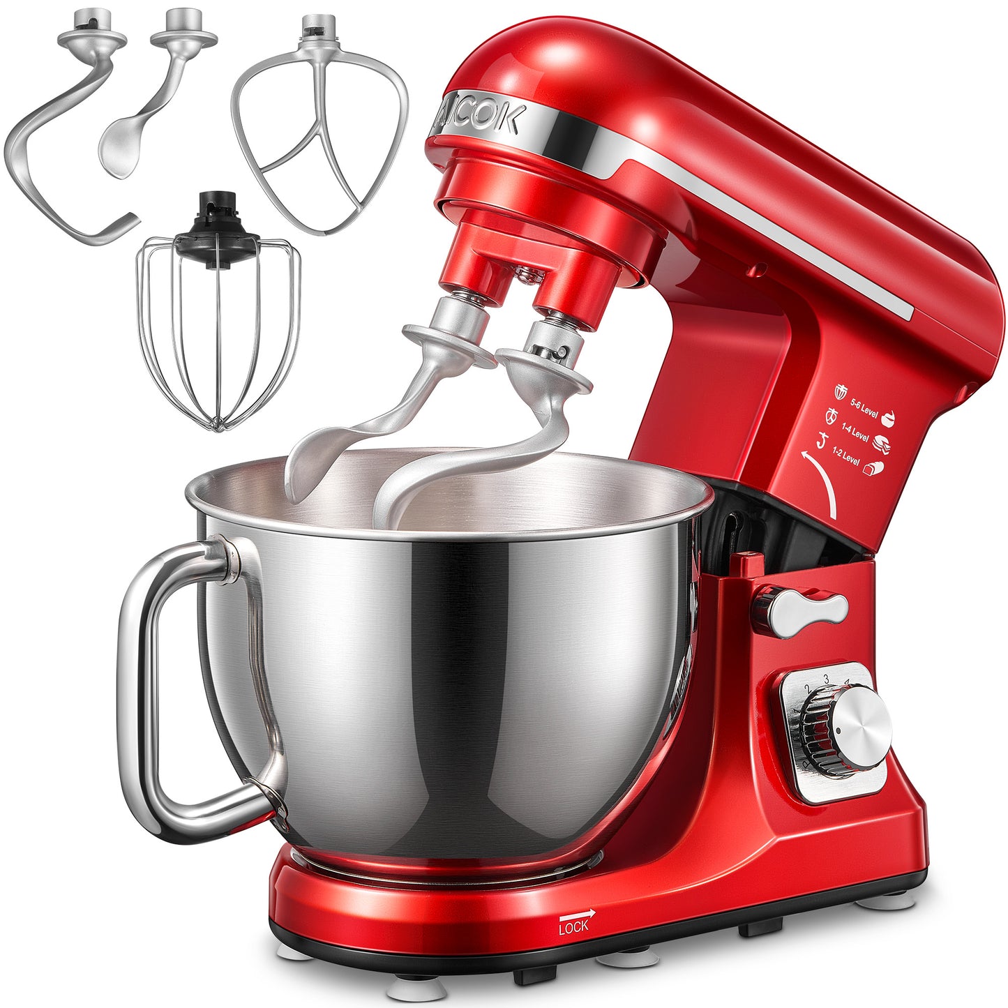AICOK | 5.5QT Stand Mixer with Double Dough Hook, 6-speed Stainless Steel Bowl, Low Noise, Red