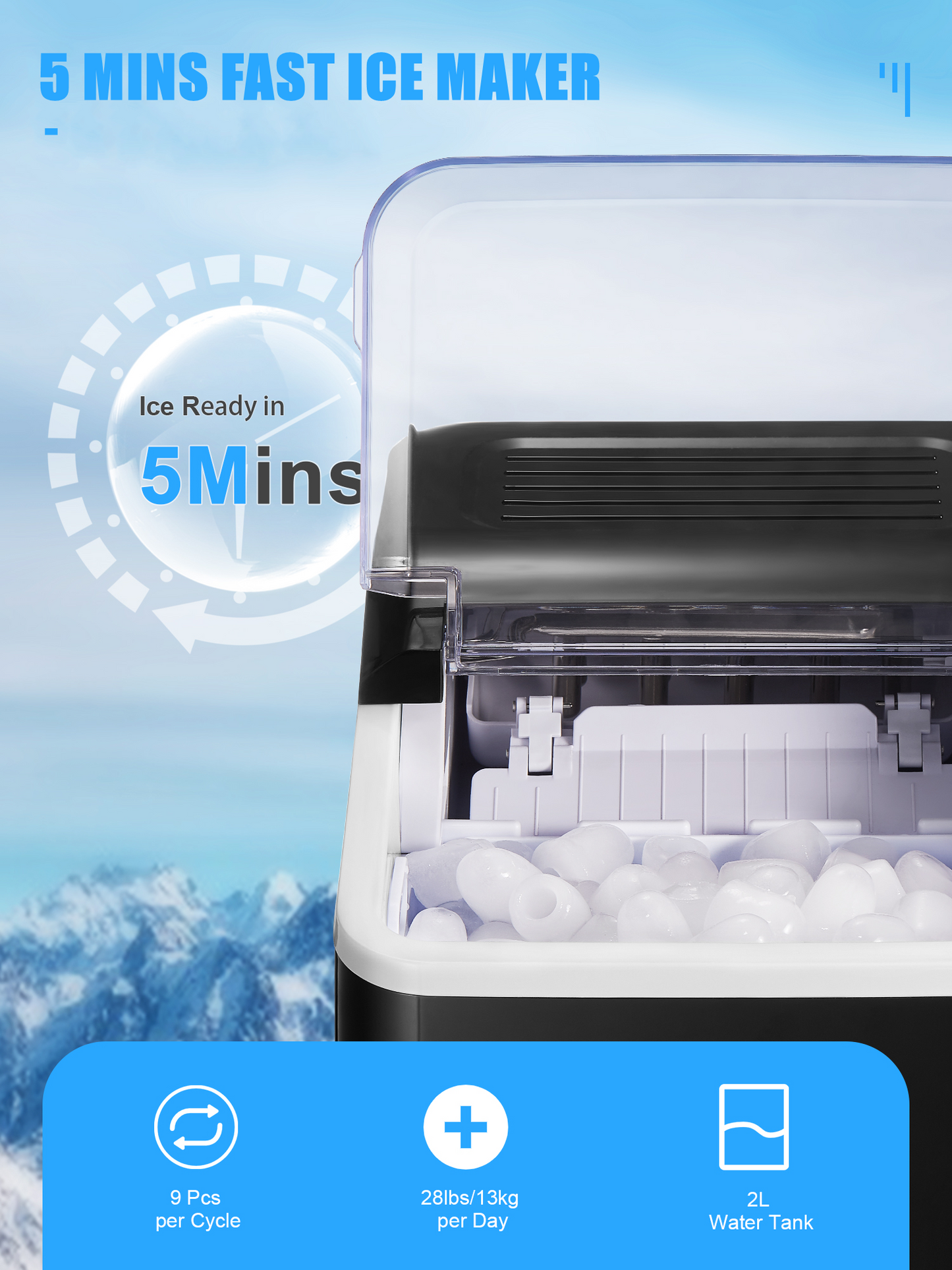 Ice Maker Countertop, 28 Lbs. Ice In 24 Hrs, 9 Ice Cubes Ready In 5 Minutes, Portable Ice Maker Machine 2L With Led Display Perfect For Parties Mixed Drinks, Ice Scoop And Basket (Black)