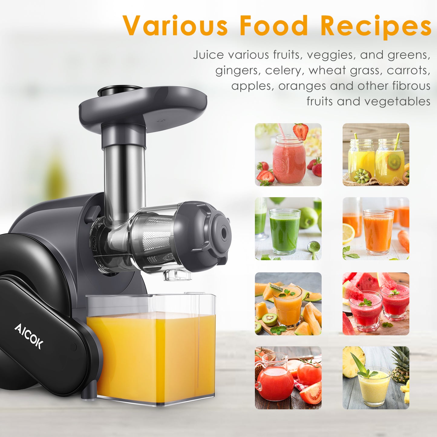 AICOK-Juicer, Masticating Juice Extractor Cold Press Juicer 519, juice recipes, various juice, gingers, celery, wheat grass juicer
