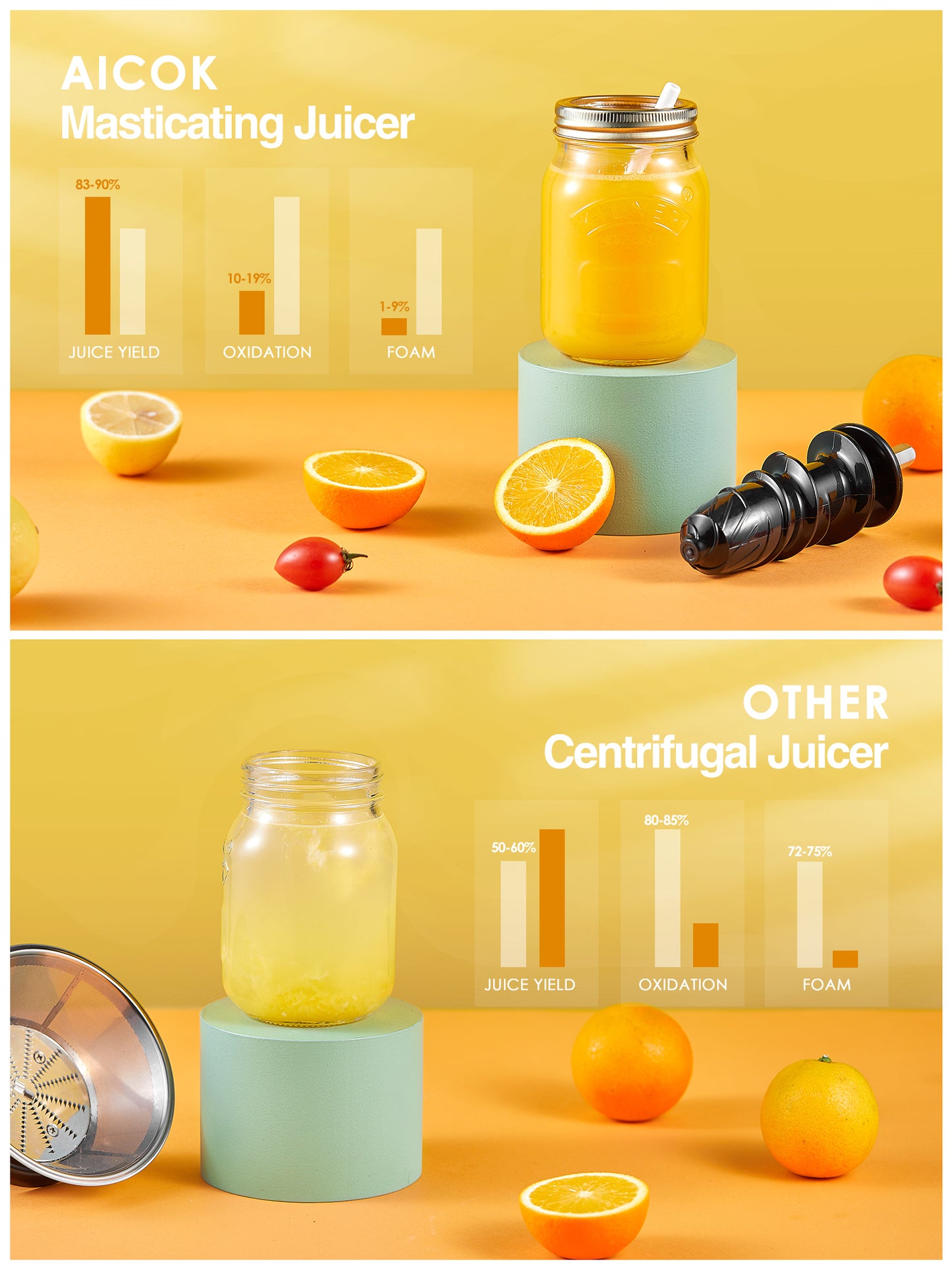 AICOK Slow Masticating juicer Extractor, Cold Press Juicer Machine, Quiet Motor, Reverse Function, High Nutrient Fruit and Vegetable Juice with Juice Jug & Brush for Cleaning, Ivory White