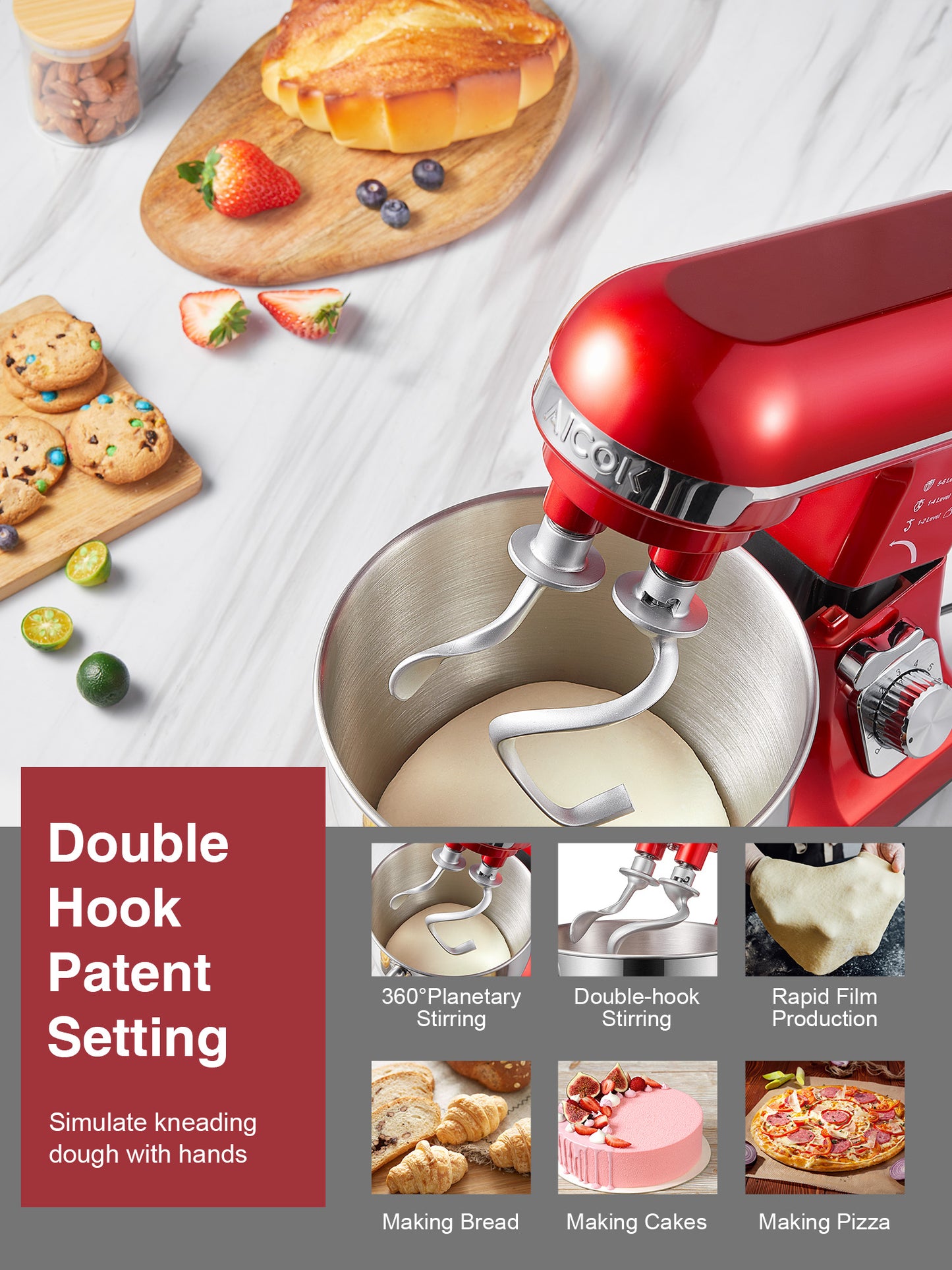 AICOK | 5.5QT Stand Mixer with Double Dough Hook, 6-speed Stainless Steel Bowl, Low Noise, Red