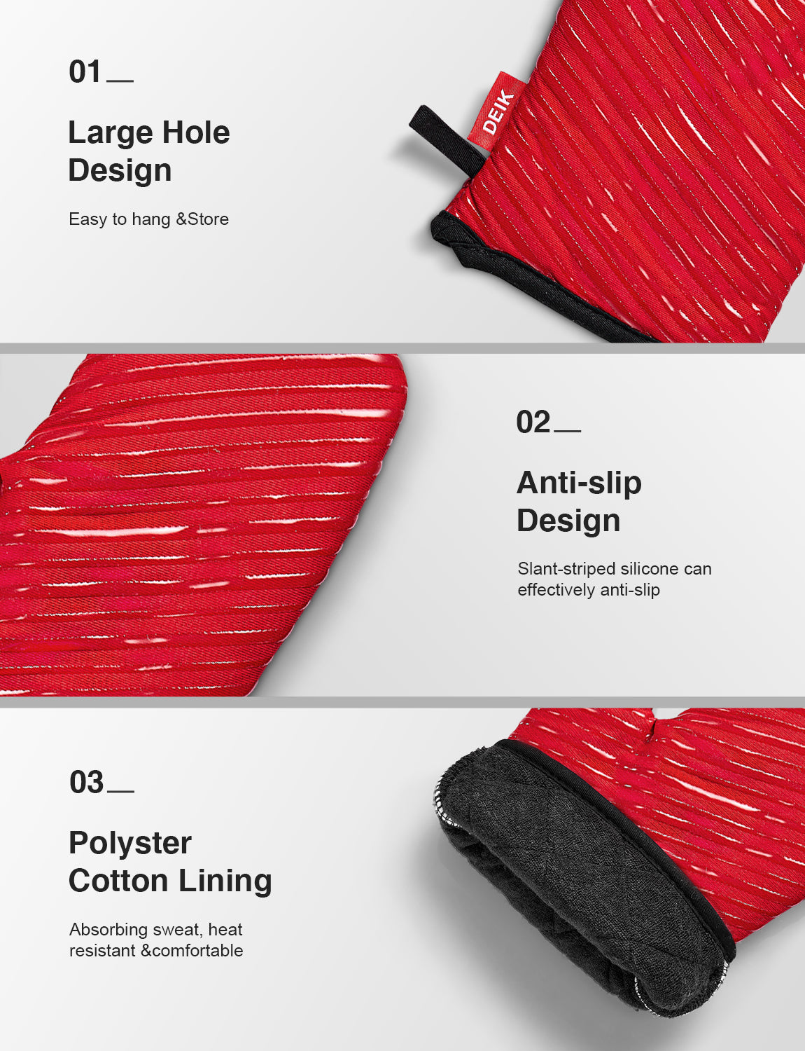 DEIK Oven Gloves and Pot Holders, Heat Resistant Gloves up to 300°C, Silicone Non-Slip Grill Gloves, Suitable for Cooking, Baking, Grilling Red