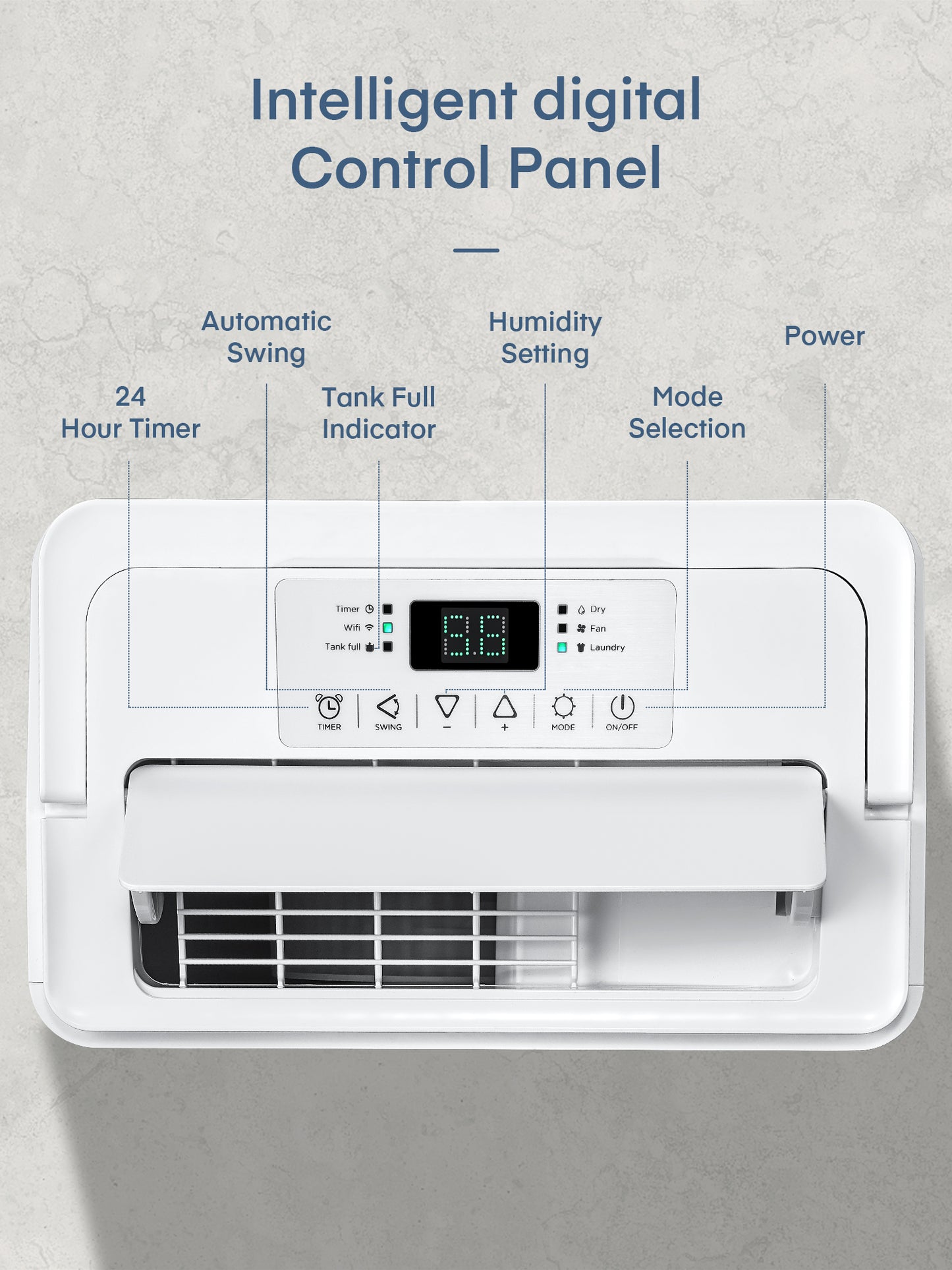 iTvanila 20LEB Dehumidifier intelligent digital control, 24 hour timer, automatic swing, tank full indicator, humidity setting, mode selection,