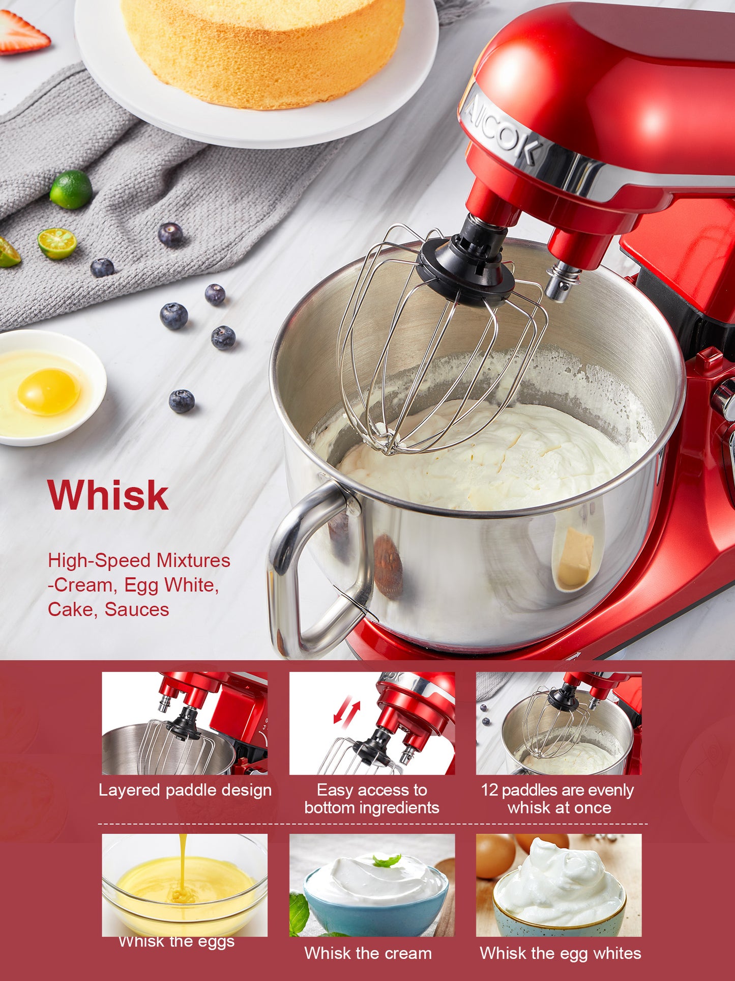 AICOK | 5.5QT Stand Mixer with Double Dough Hook, 6-speed Stainless Steel Bowl, Low Noise, Red