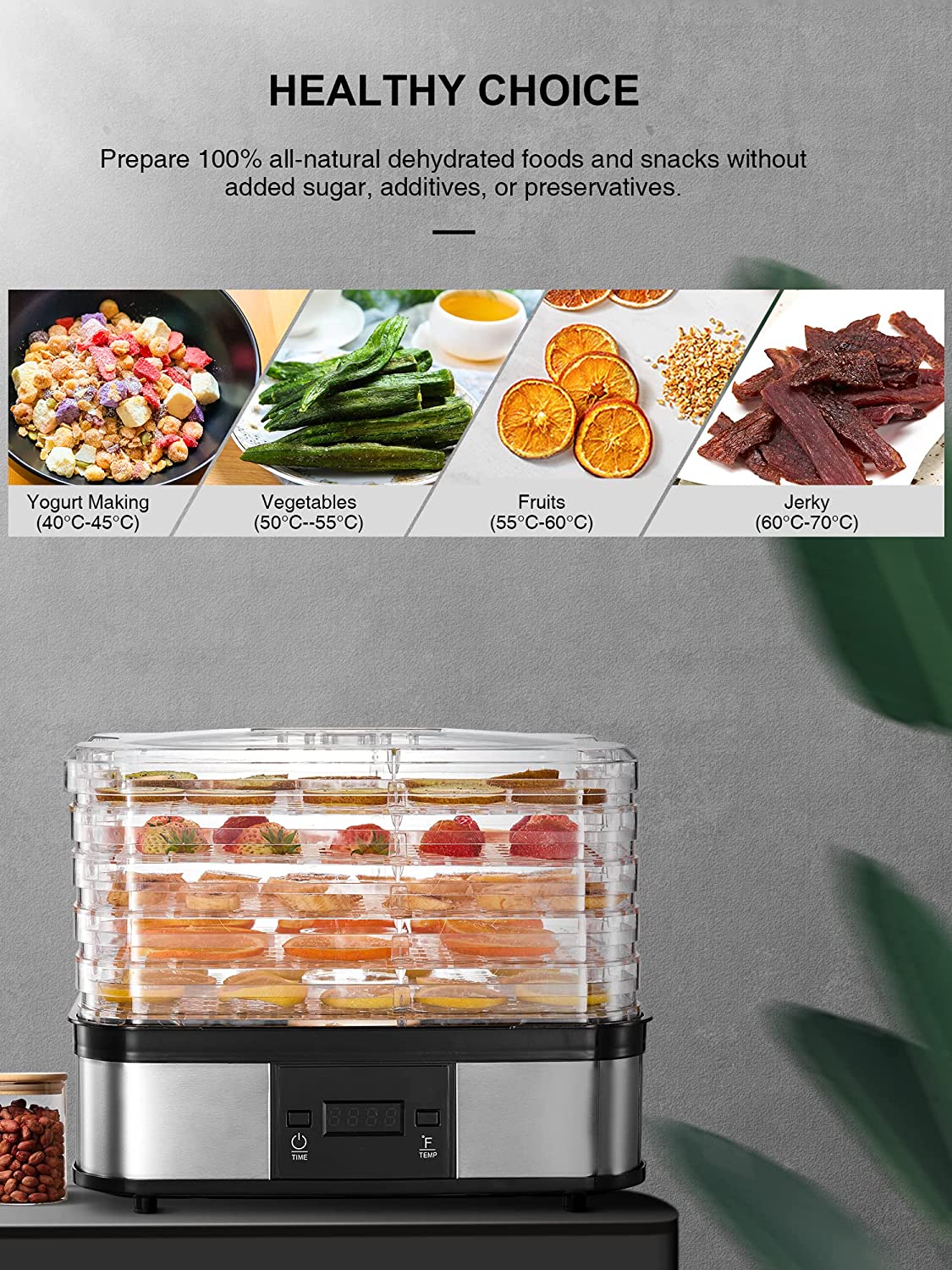 Dehydrator, Fruit & Vegetable Dryer with 5 BPA-Free Adjustable Trays, Timer (48H) & Adjustable Temperature (35-70 ° C), Digital Controls, Great for Fruit, Meat & Vegetables