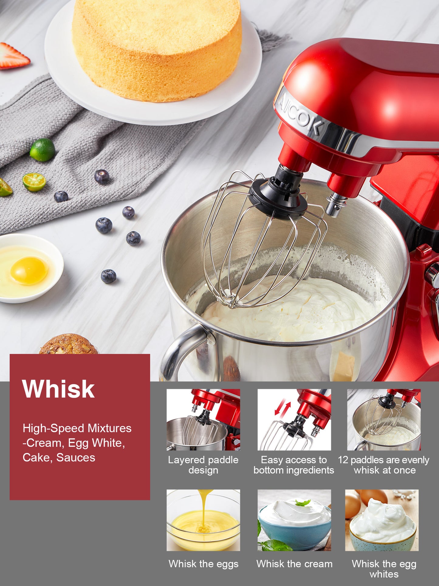 AICOK | 5.5QT Stand Mixer with Double Dough Hook, 6-speed Stainless Steel Bowl, Low Noise, Red
