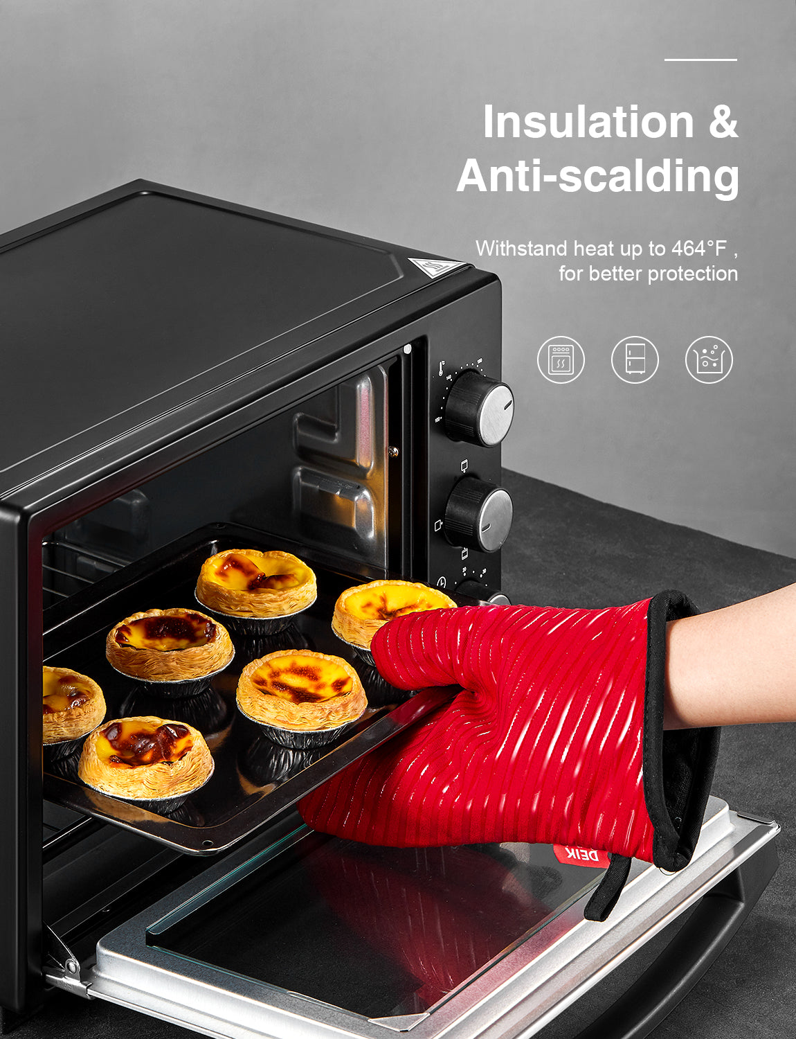 DEIK Oven Gloves and Pot Holders, Heat Resistant Gloves up to 300°C, Silicone Non-Slip Grill Gloves, Suitable for Cooking, Baking, Grilling Red
