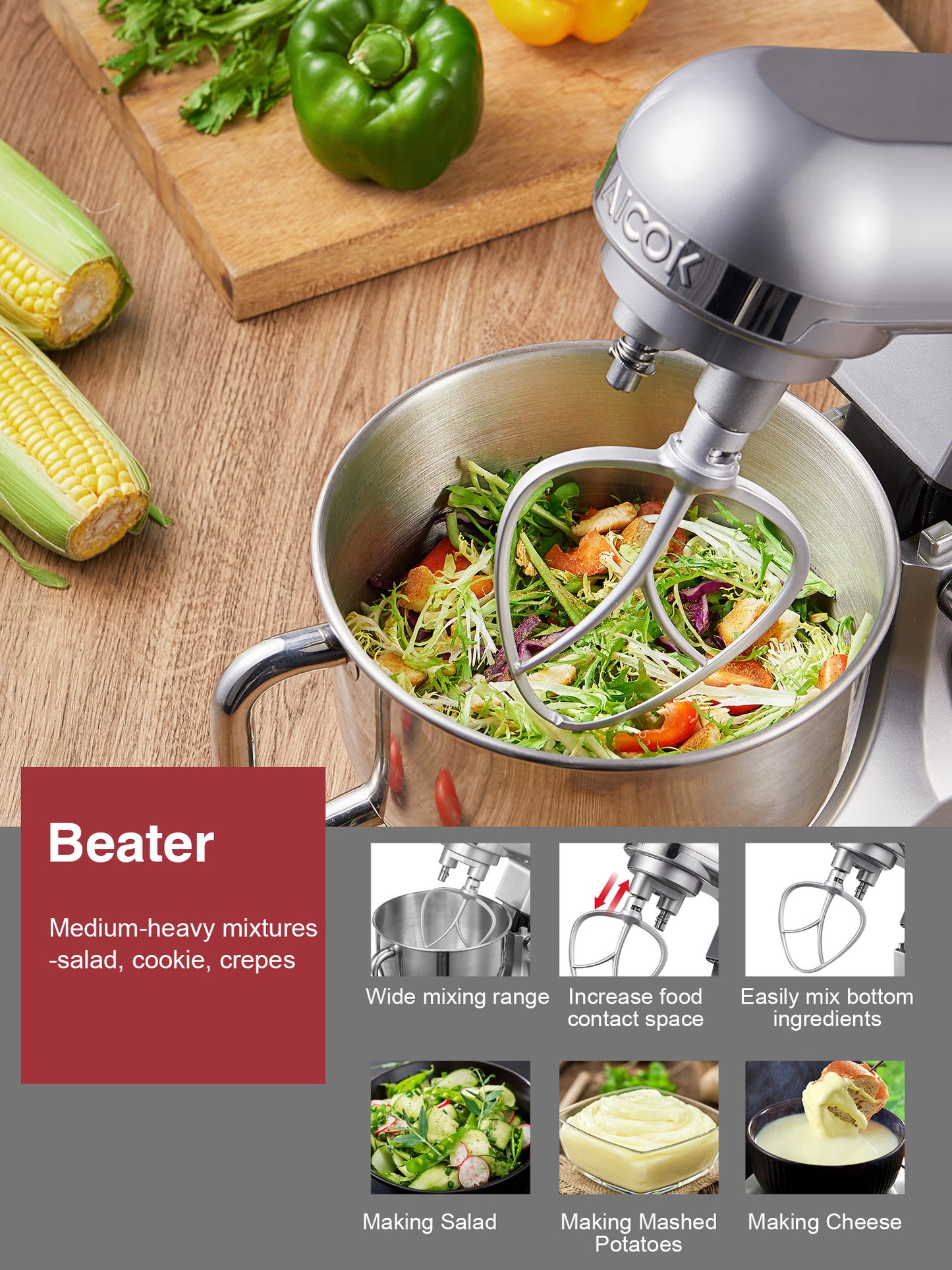 Stand Mixer with Double Dough Hook, 6-speed Dough Mixer with Tilting Head-5.5Qt Stainless Steel Bowl, Including Beater, Dough Hook, Whisk and Splash Guard, Low Noise