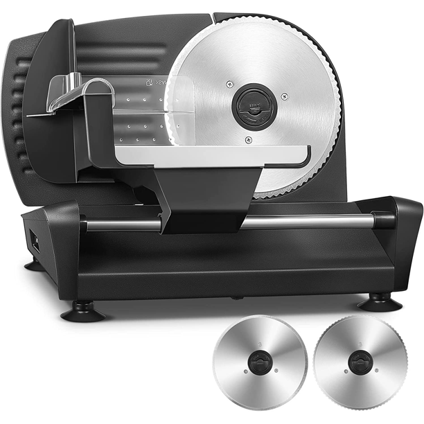 Meat Slicer, AICOOK Kitchen Pro 200W Electric Deli Food Slicer with Two 7.5'' Blade(Serrated & Smooth) for Home Use, Precise 0-15mm Adjustable Thickness for Meat, Cheese, Bread, Include Food Pusher