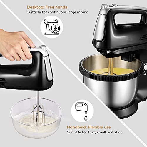 Decen Electric Beater with 3.5 Liter Bowl (360 ° Uniform Rotation), 5 Speed Plus Turbo Whisk with 2 Whisks and 2 Dough Hooks, Eject Function
