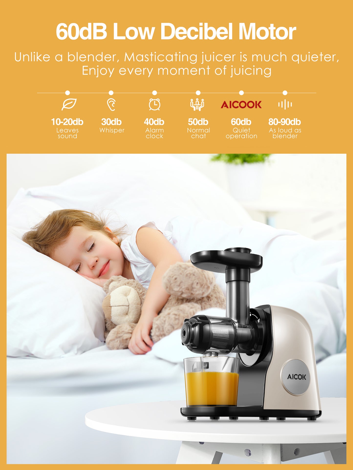 AICOK Slow Masticating juicer Extractor, Cold Press Juicer Machine, Quiet Motor, Reverse Function, High Nutrient Fruit and Vegetable Juice with Juice Jug & Brush for Cleaning, Ivory White