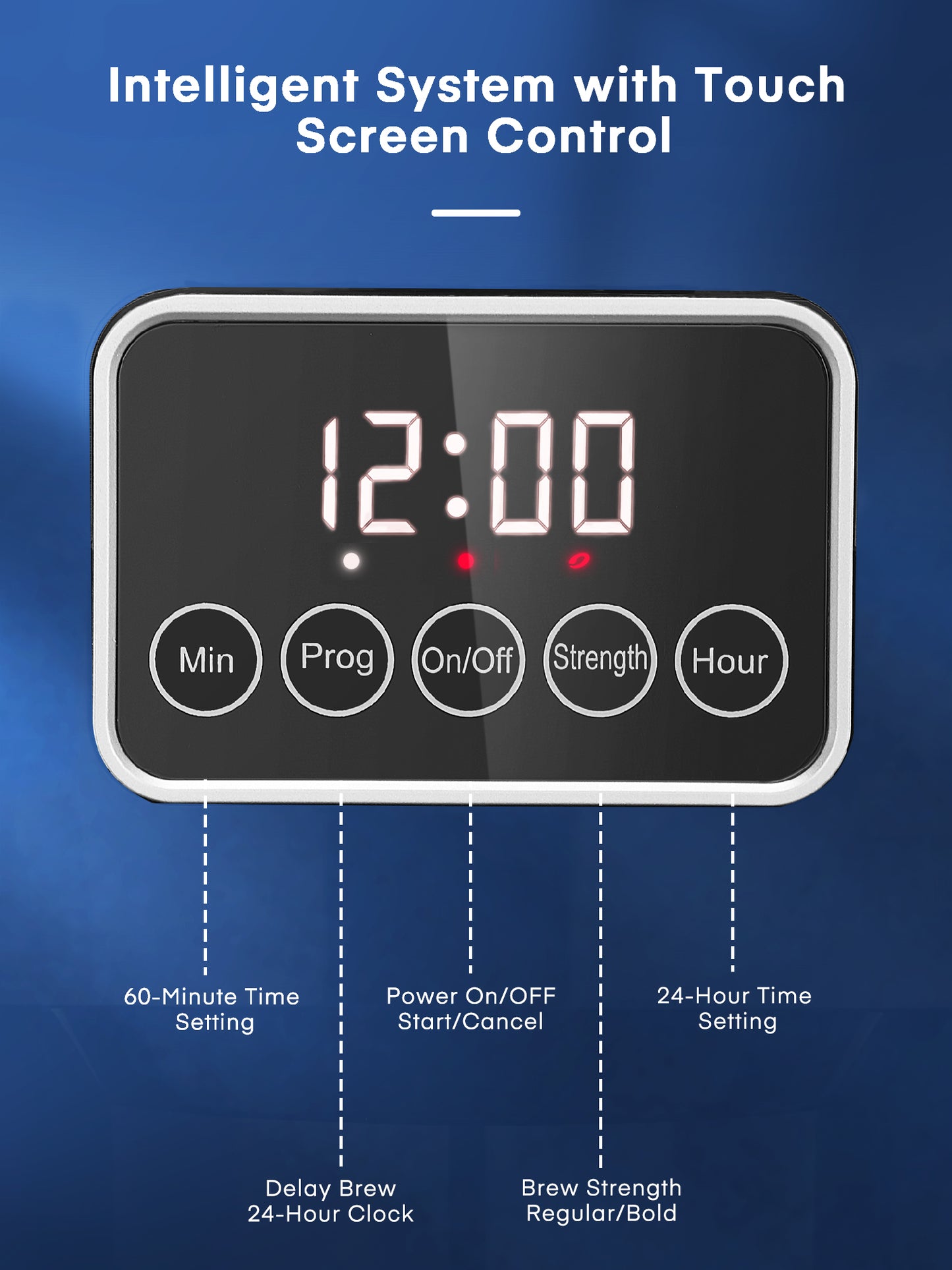 Brewsly 12-Cup Professional Coffee Maker, Touch Screen Coffee Machine with Regular and Thick Brews, Stainless Steel Coffee Brewer, Keep Warm, Anti-Drip System