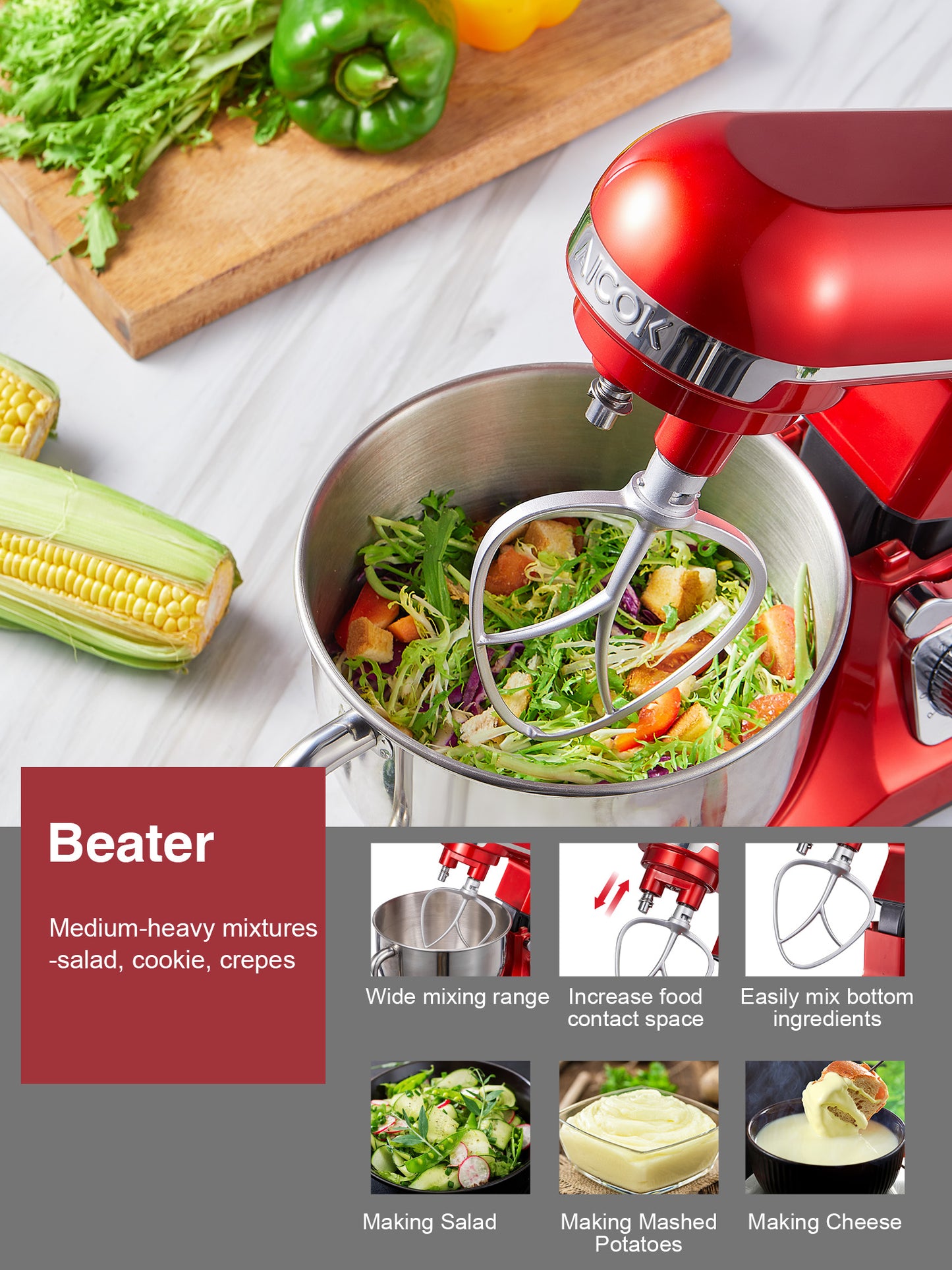 AICOK | 5.5QT Stand Mixer with Double Dough Hook, 6-speed Stainless Steel Bowl, Low Noise, Red