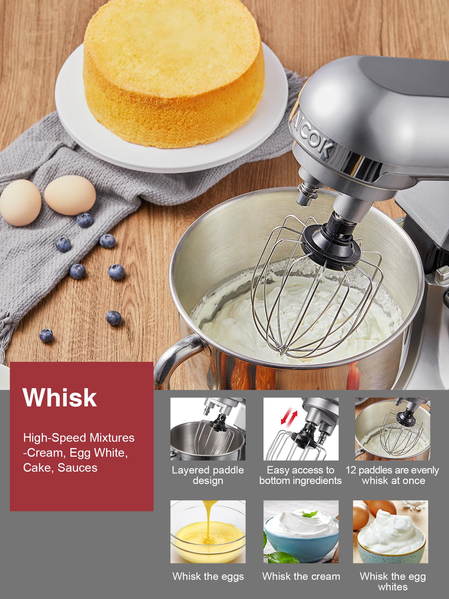 Stand Mixer with Double Dough Hook, 6-speed Dough Mixer with Tilting Head-5.5Qt Stainless Steel Bowl, Including Beater, Dough Hook, Whisk and Splash Guard, Low Noise