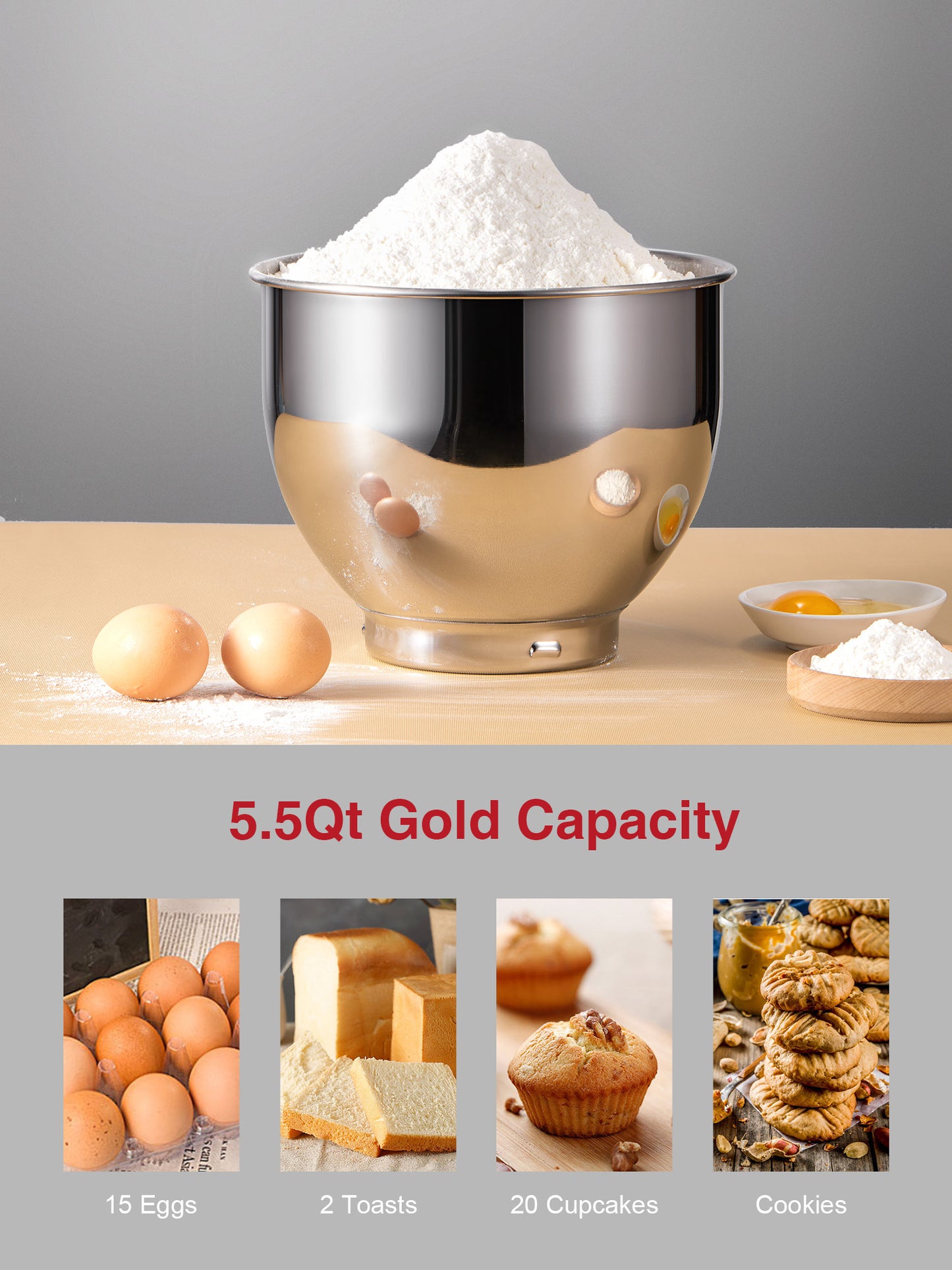 Stand Mixer with Double Dough Hook, 6-speed Dough Mixer with Tilting Head-5.5Qt Stainless Steel Bowl, Including Beater, Dough Hook, Whisk and Splash Guard, Low Noise