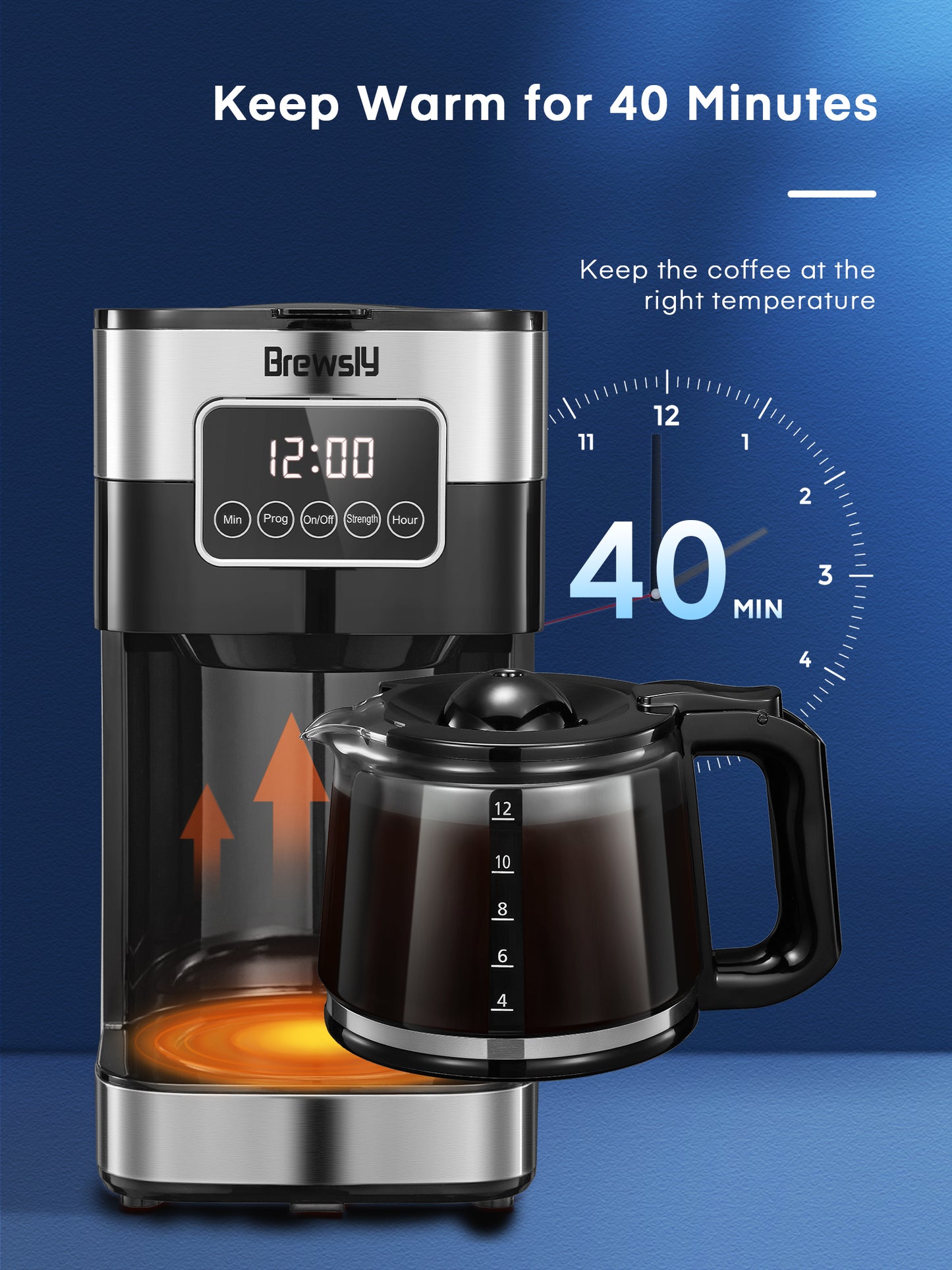 Brewsly 12-Cup Professional Coffee Maker, Touch Screen Coffee Machine with Regular and Thick Brews, Stainless Steel Coffee Brewer, Keep Warm, Anti-Drip System