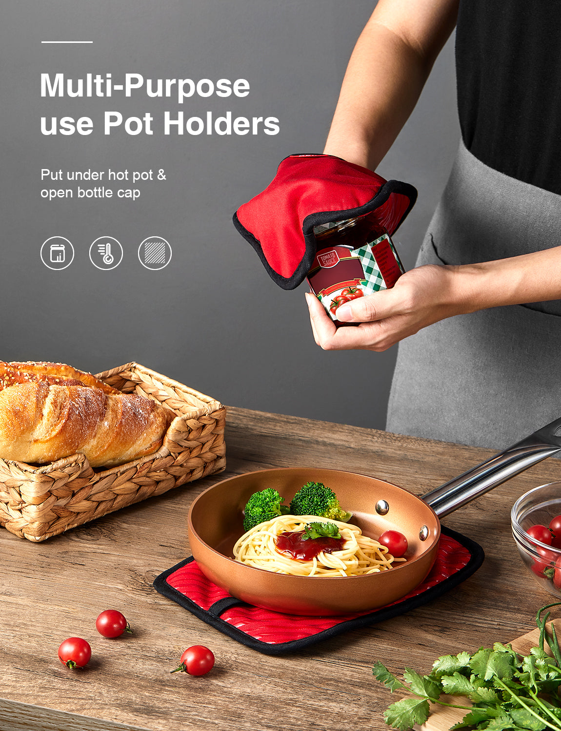 DEIK Oven Gloves and Pot Holders, Heat Resistant Gloves up to 300°C, Silicone Non-Slip Grill Gloves, Suitable for Cooking, Baking, Grilling Red