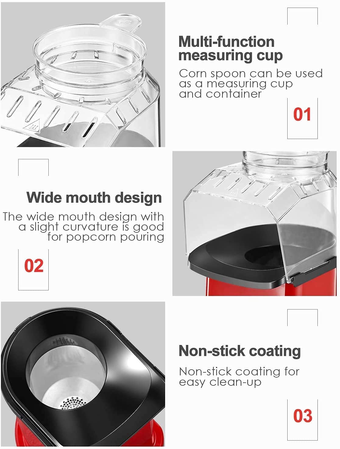 AICOOK Hot Air Popcorn Popper, 1400W, Aqua and red, Popcorn Maker With Measuring Cup and Removable Top Cover