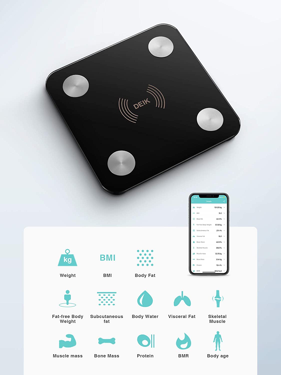 DEIK Smart Digital Body Fat Scale, Black Bluetooth Bathroom Scale, with iOS and Android APP, 180kg/400lb High Precision Measurement, Detects 13 Data including Body Weight, Fat Content, Muscle Mass