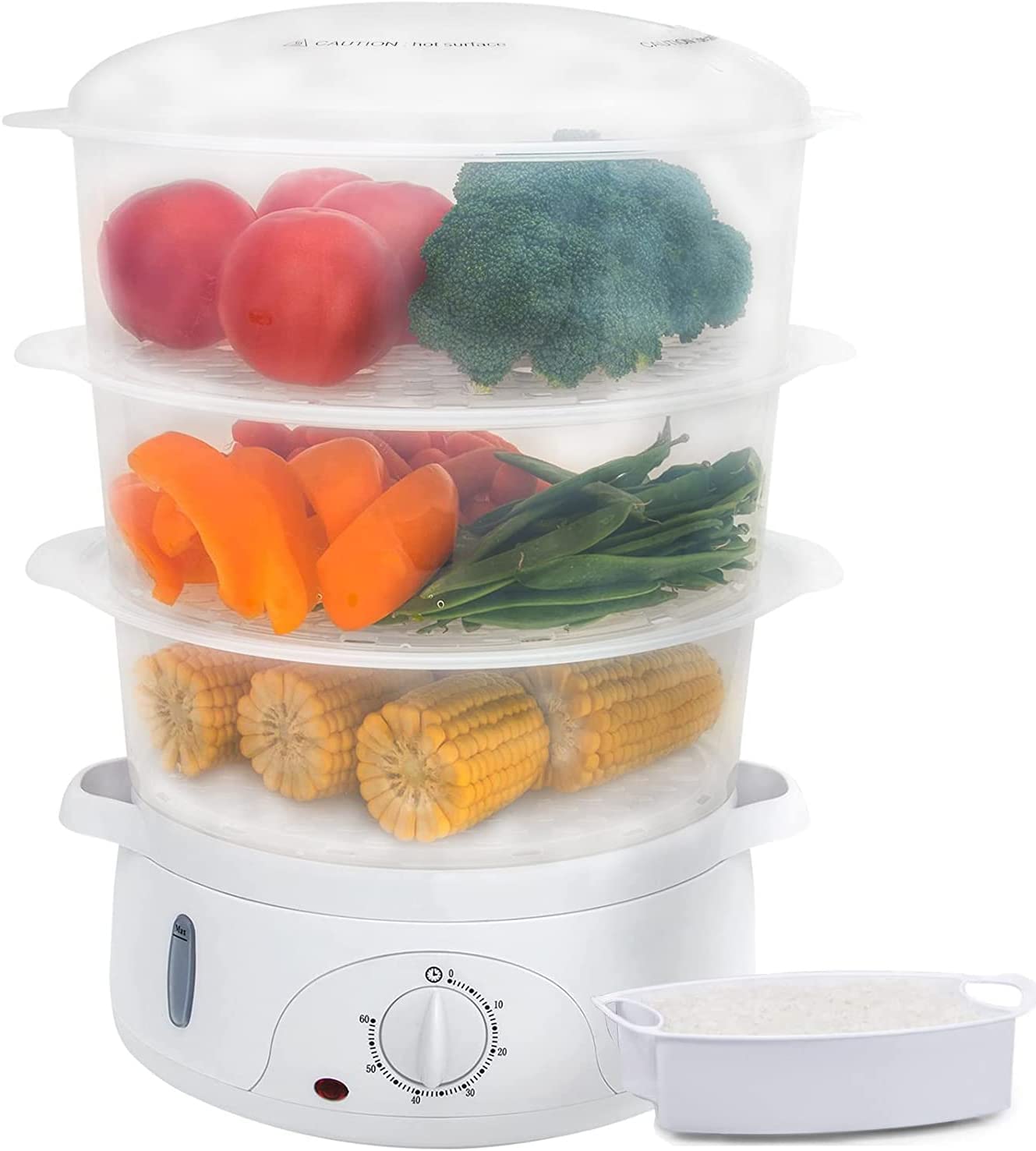 Kealive-Food Steamer Electric 3 Tier, Vegetable Steamer with BPA Free Baskets, Steam Cooker with Timer Function for Rice, Vegetables, Chicken and Fish, 9 Liters, White, 800W