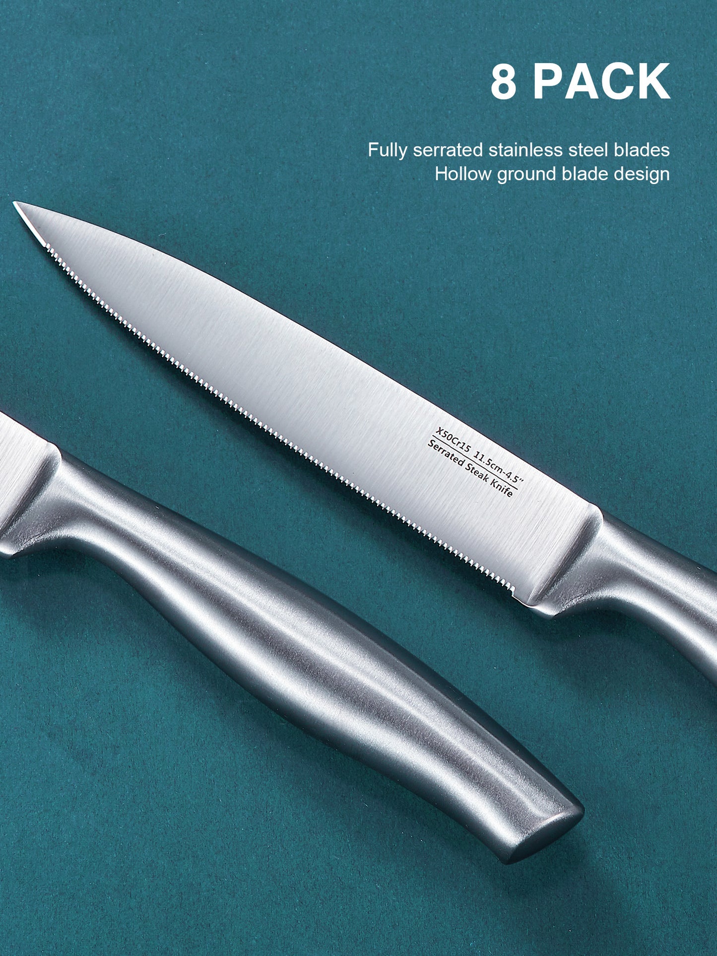 Caripeloy Steak Knife 8 Piece Premium Stainless Steel Steak Knife Kitchen Steak Knife Super Sharp Serrated Steak Knife with Gift Box, Silver