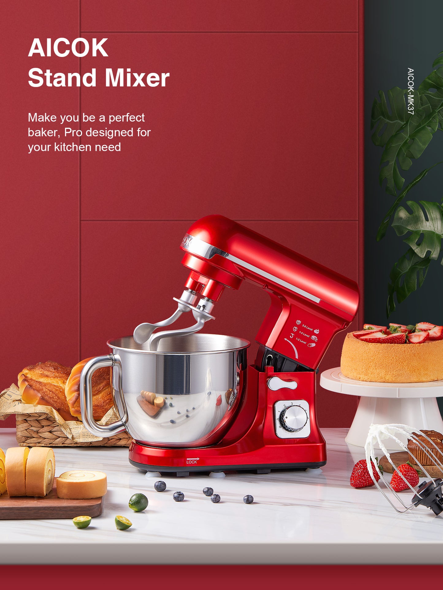 AICOK | 5.5QT Stand Mixer with Double Dough Hook, 6-speed Stainless Steel Bowl, Low Noise, Red
