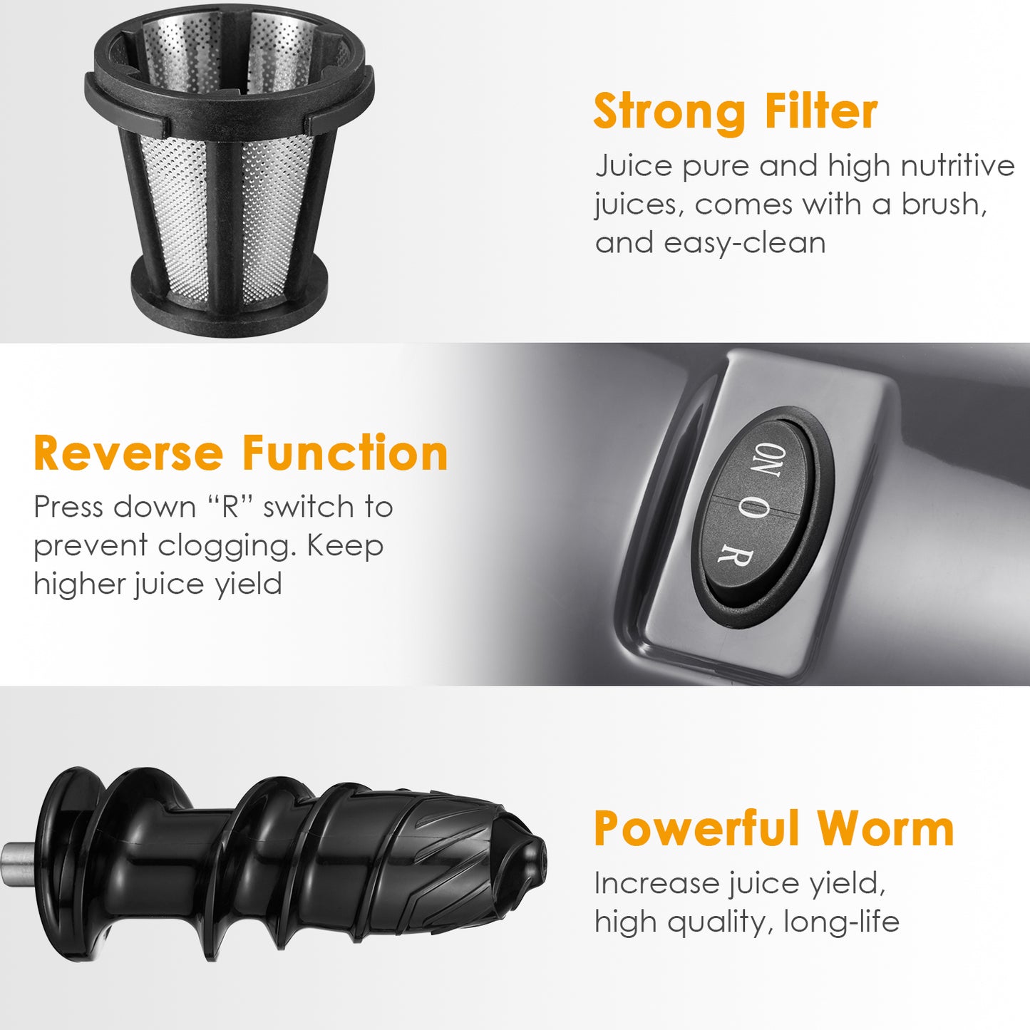 AICOK-Juicer, Masticating Juice Extractor Cold Press Juicer 519, juicer filter, easy assemble and clean, reverse function