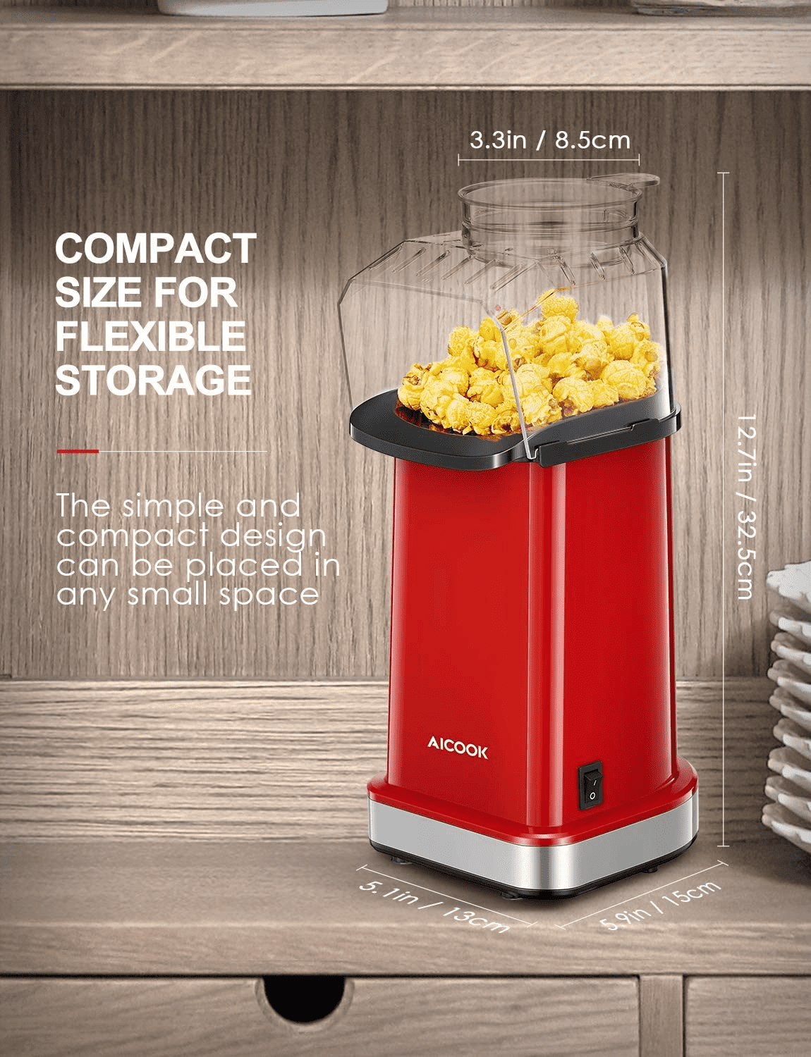 AICOOK Hot Air Popcorn Popper, 1400W, Aqua and red, Popcorn Maker With Measuring Cup and Removable Top Cover