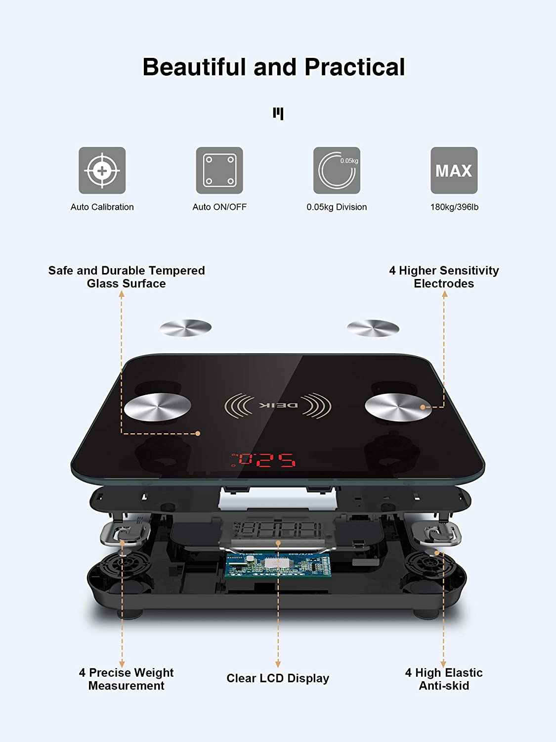 DEIK Smart Digital Body Fat Scale, Black Bluetooth Bathroom Scale, with iOS and Android APP, 180kg/400lb High Precision Measurement, Detects 13 Data including Body Weight, Fat Content, Muscle Mass