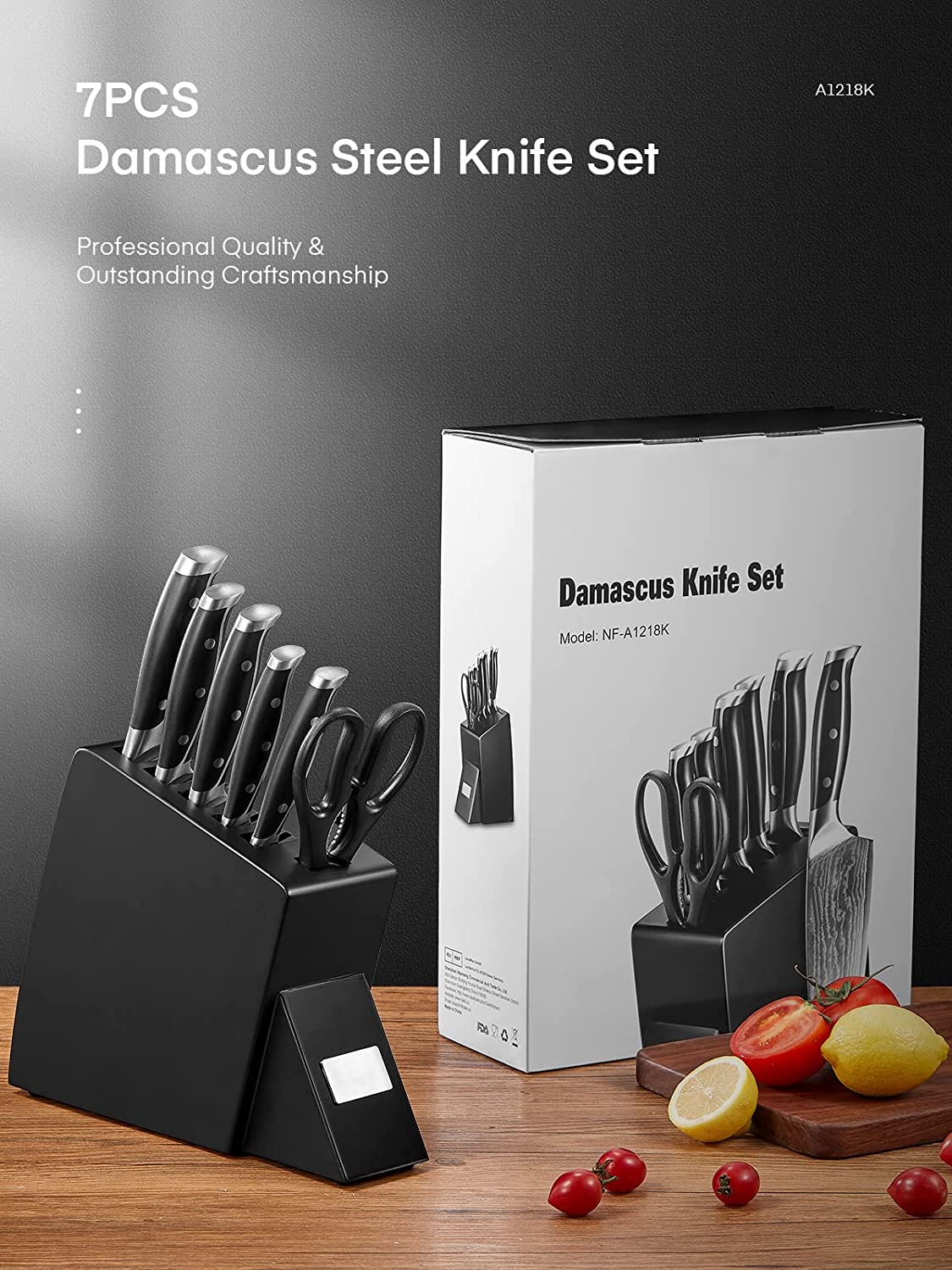 Damascus knife block set, 7 pieces, knife block with wooden block, knife and scissors made of rust-proof damask