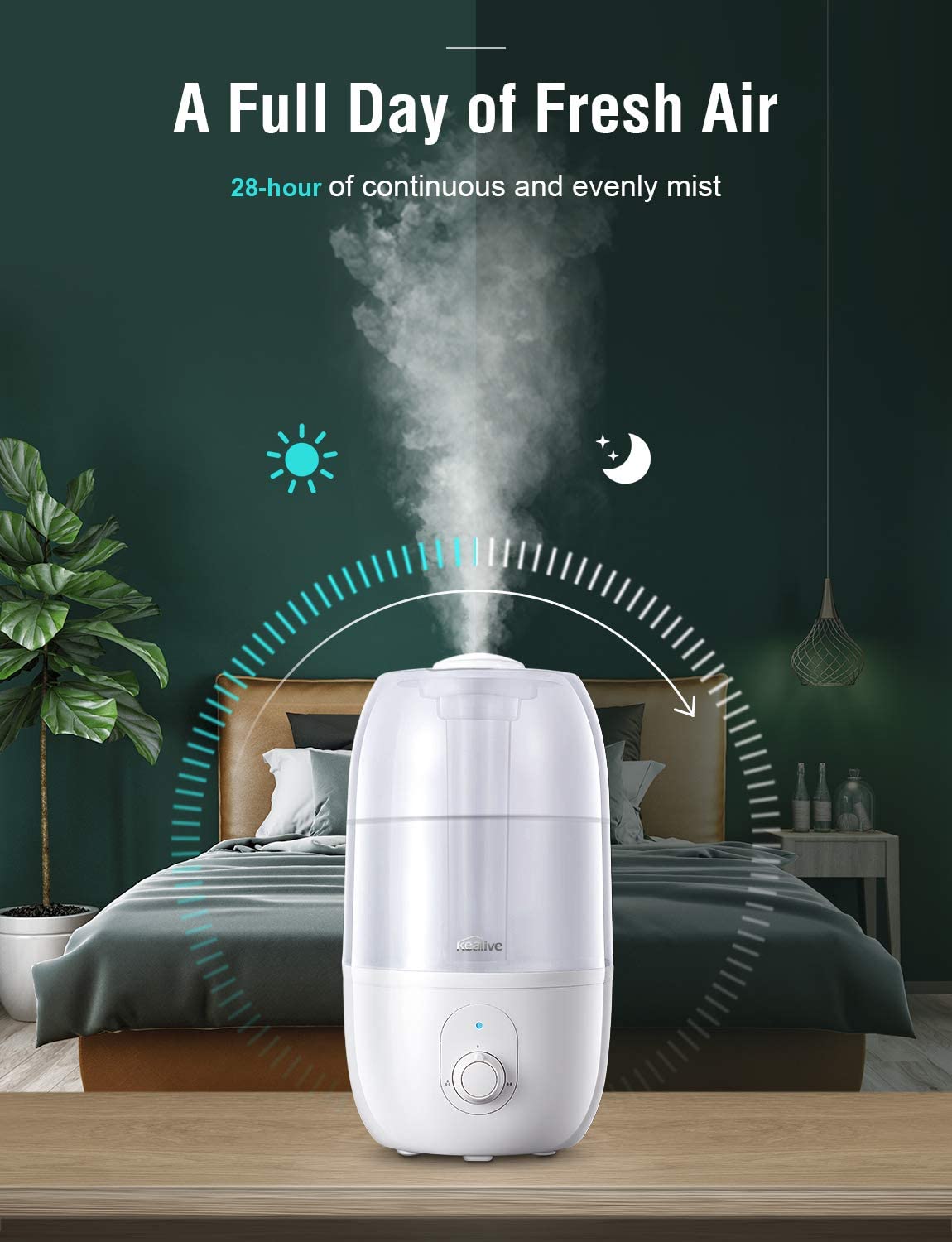 Kealive -Smart Air Humidifier for Bedroom, 2.7L HU-C1A White