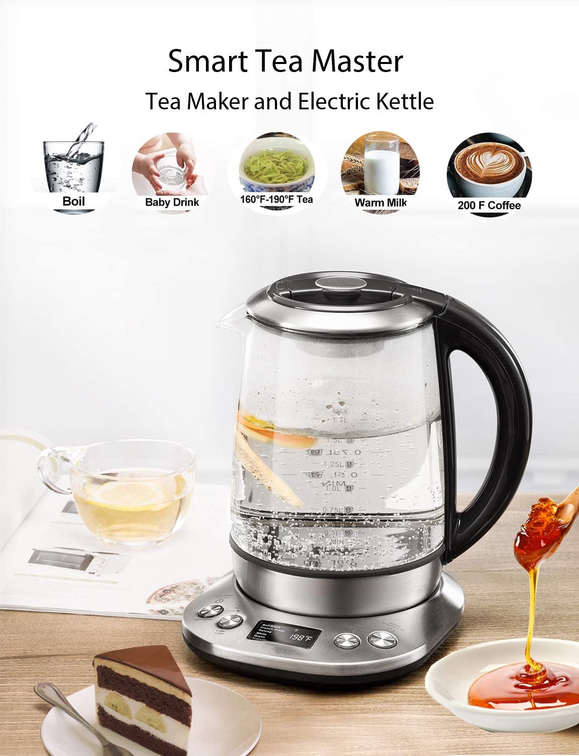 Decen Electric Tea Kettle, 1200W Variable Temperature Smart Tea Maker, Fast Boil Electric Glass Kettle with 2Hr Keep Warm Function, Premium Stainless Steel, Boil-Dry Protection, 1.7L