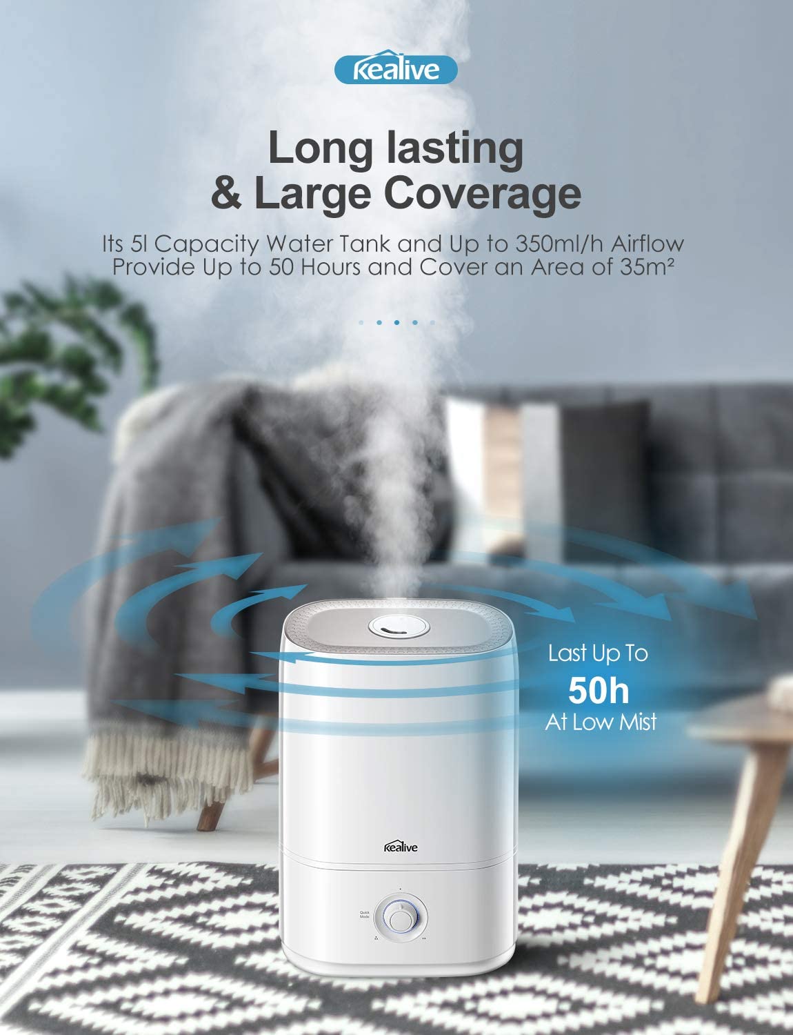 Kealive -Smart Cool Mist Humidifier, 5L/1.3 Gal with Essential Oils Diffuser HU-C3 