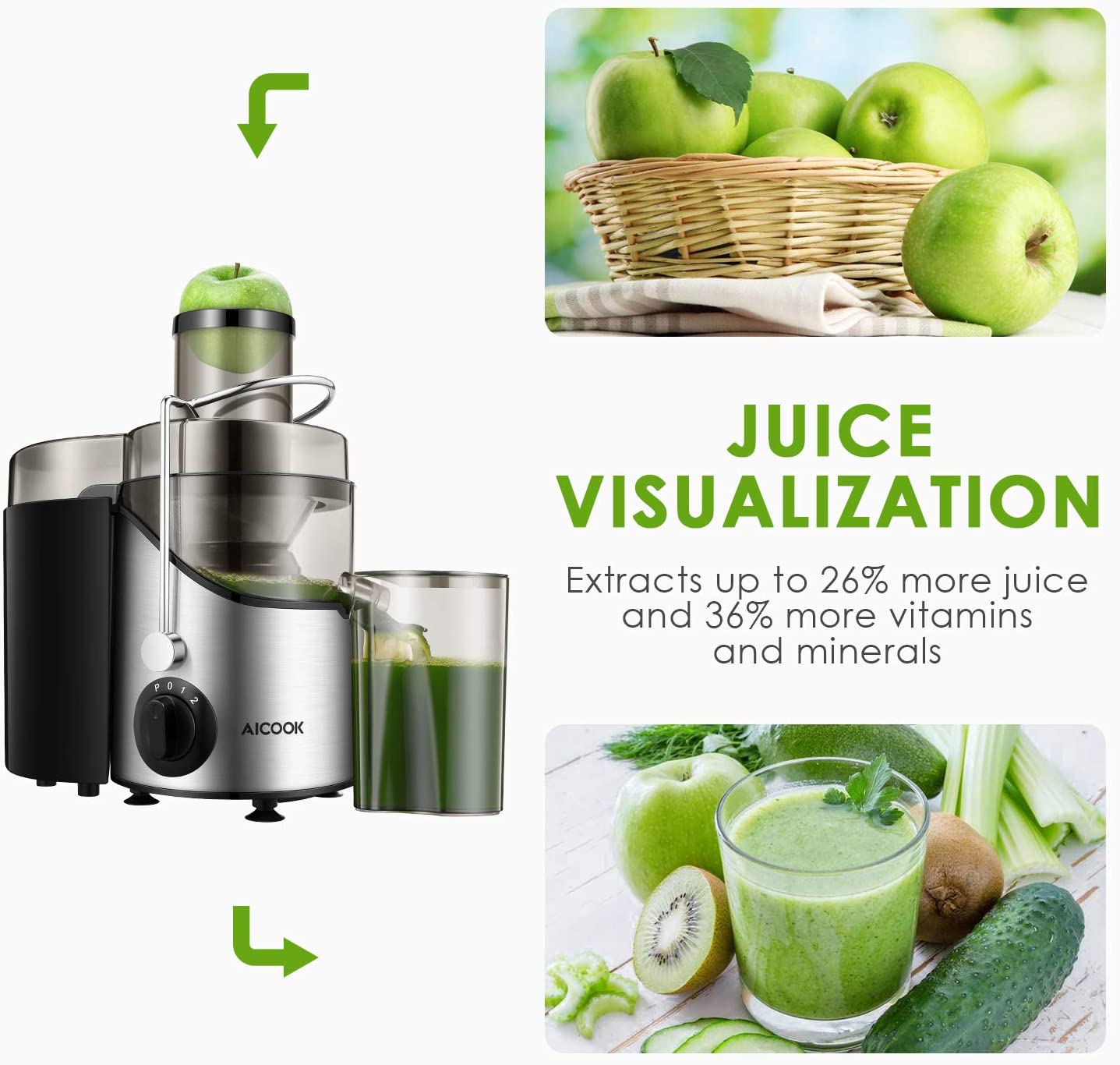 Aicook Juicer Machine, Centrifugal Juicer For Fruits and Vegs, More Vitamins and Minerals