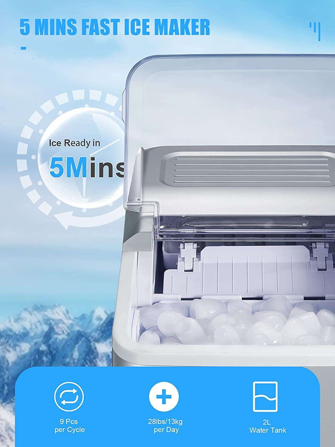 AICOOK | 2L Ice Maker Countertop, Portable Ice Maker Machine with LED Display, Ice Scoop and Basket