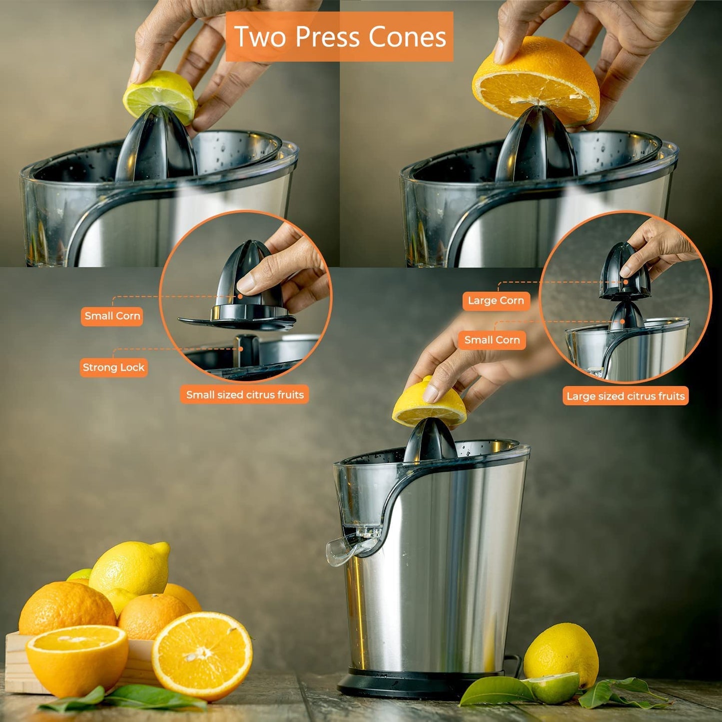 Electric Citrus Juicer, Orange Juicer Electric with Quiet Motor, Anti-Drip Spout and 2 Cones for Orange, Lemon, Grapefruit, Dishwasher Safe, Easy to Clean, Stainless Steel, AICOK-GS-401