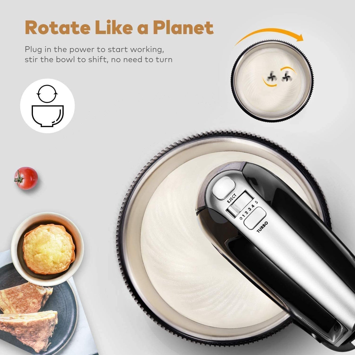 Decen Electric Beater with 3.5 Liter Bowl (360 ° Uniform Rotation), 5 Speed Plus Turbo Whisk with 2 Whisks and 2 Dough Hooks, Eject Function