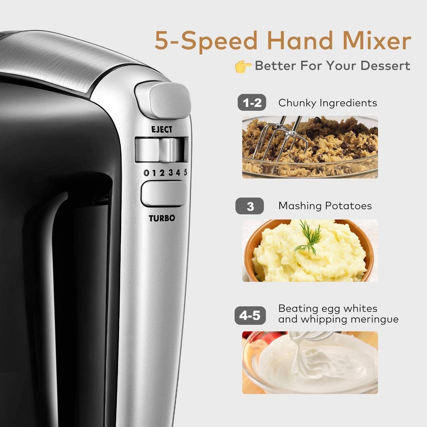 Decen Electric Beater with 3.5 Liter Bowl (360 ° Uniform Rotation), 5 Speed Plus Turbo Whisk with 2 Whisks and 2 Dough Hooks, Eject Function