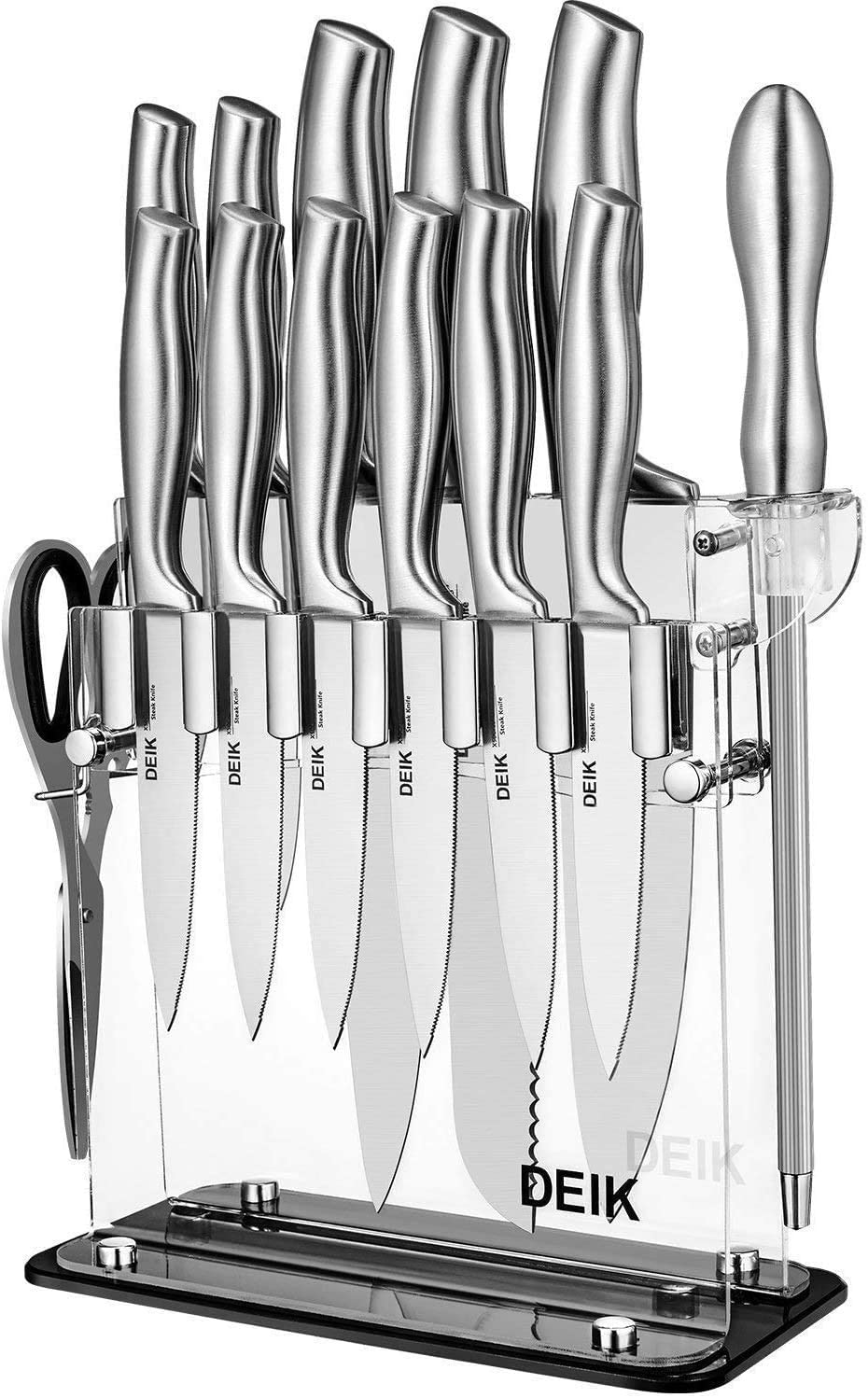 Deik Knife Set High Carbon Stainless Steel Kitchen Knife Set 17 PCS, Super Sharp Cutlery Knife Set with Acrylic Stand, Scissors and Serrated Steak Knives