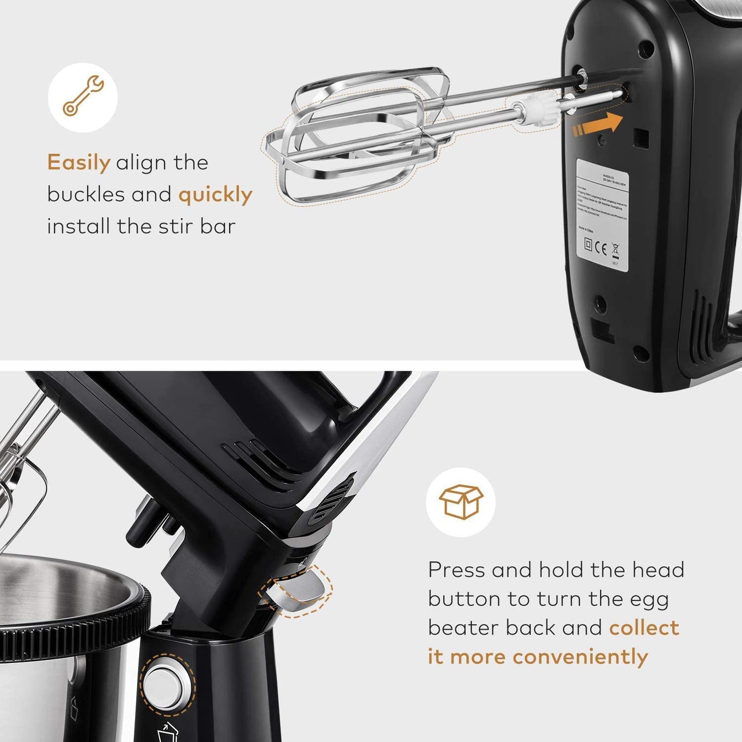 Decen Electric Beater with 3.5 Liter Bowl (360 ° Uniform Rotation), 5 Speed Plus Turbo Whisk with 2 Whisks and 2 Dough Hooks, Eject Function