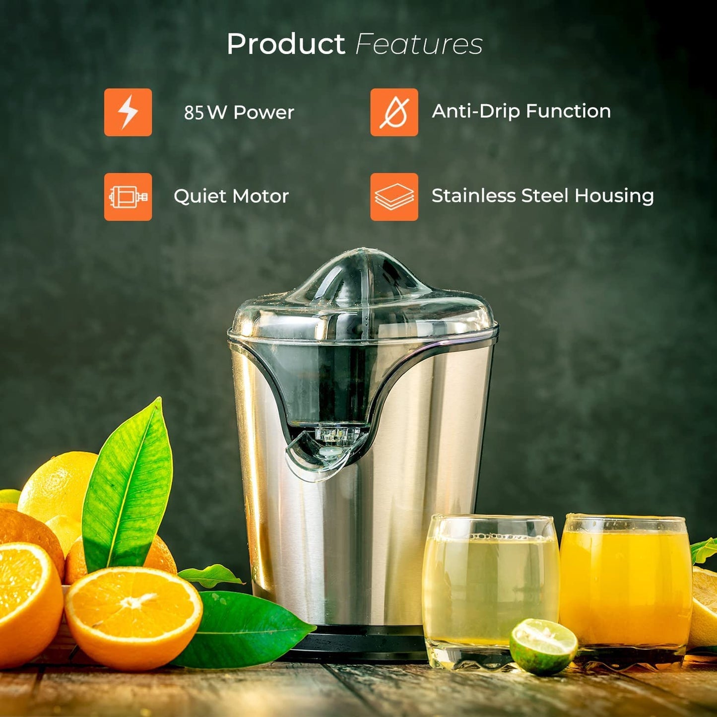 Electric Citrus Juicer, Orange Juicer Electric with Quiet Motor, Anti-Drip Spout and 2 Cones for Orange, Lemon, Grapefruit, Dishwasher Safe, Easy to Clean, Stainless Steel, AICOK-GS-401