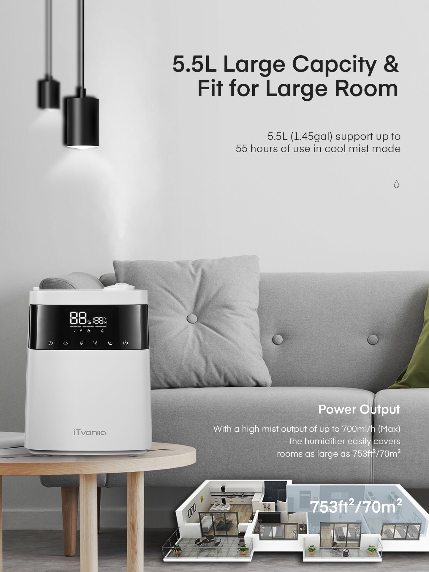 iTvanila Humidifiers for Bedroom Large Room, 5.5L Top Fill Cool and Warm Mist Humidifier for Families Plants with Essential Oil Built-in Humidity Sensor, Humidifiers with Timer Setting Last up to 55 Hours for Baby Room and Office White