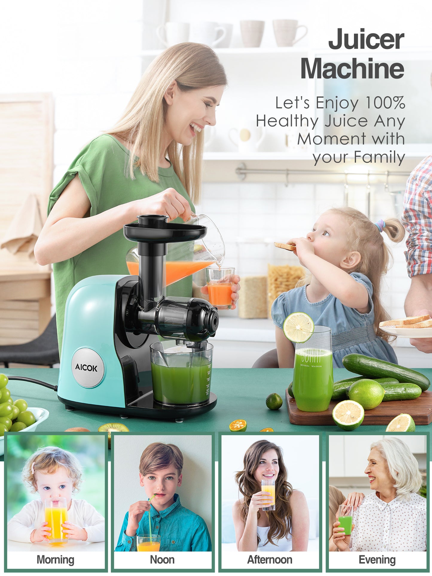AICOK  Slow Masticating juicer Extractor, Cold Press Juicer Machine, Quiet Motor, Reverse Function, High Nutrient Fruit and Vegetable Juice with Juice Jug & Brush for Cleaning, Matcha Green