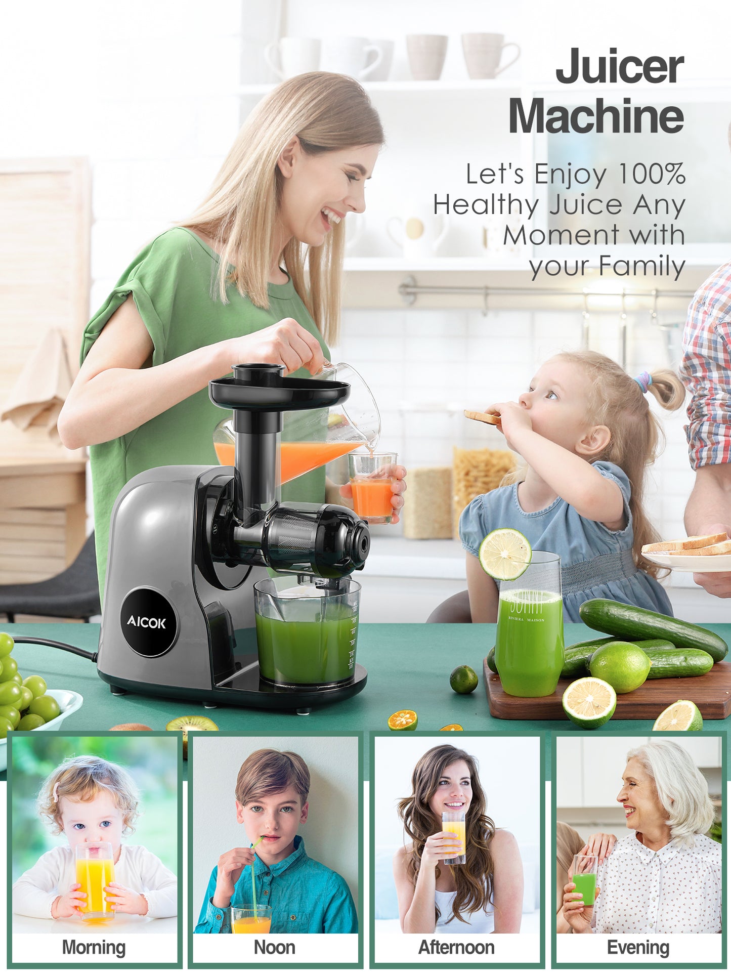 AICOK Slow Masticating juicer Extractor, Cold Press Juicer Machine, Quiet Motor, Reverse Function, High Nutrient Fruit and Vegetable Juice with Juice Jug & Brush for Cleaning