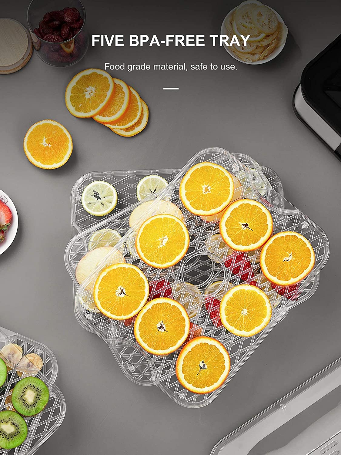 Dehydrator, Fruit & Vegetable Dryer with 5 BPA-Free Adjustable Trays, Timer (48H) & Adjustable Temperature (35-70 ° C), Digital Controls, Great for Fruit, Meat & Vegetables